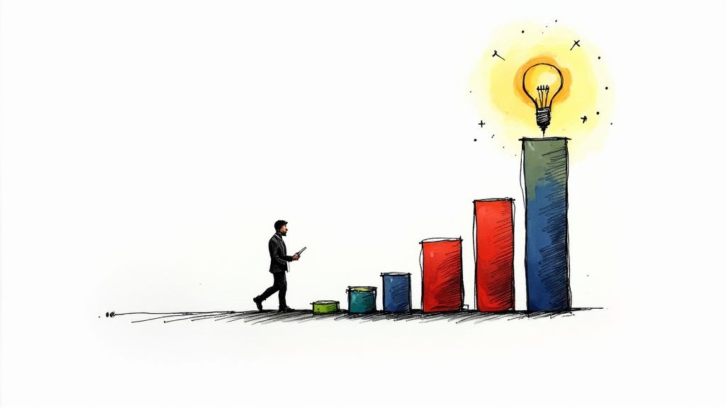 A man walks up a bar graph with steps, leading to a bright lightbulb at the top.