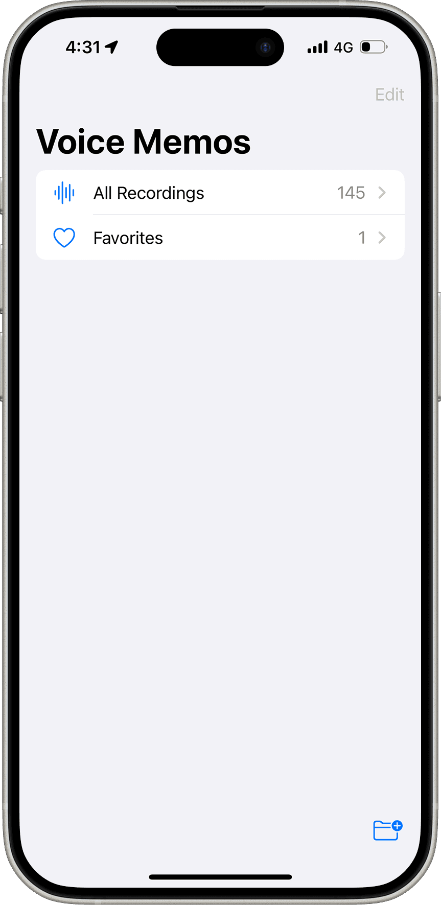 Screenshot of the current organizational page of the Voice Memos app.