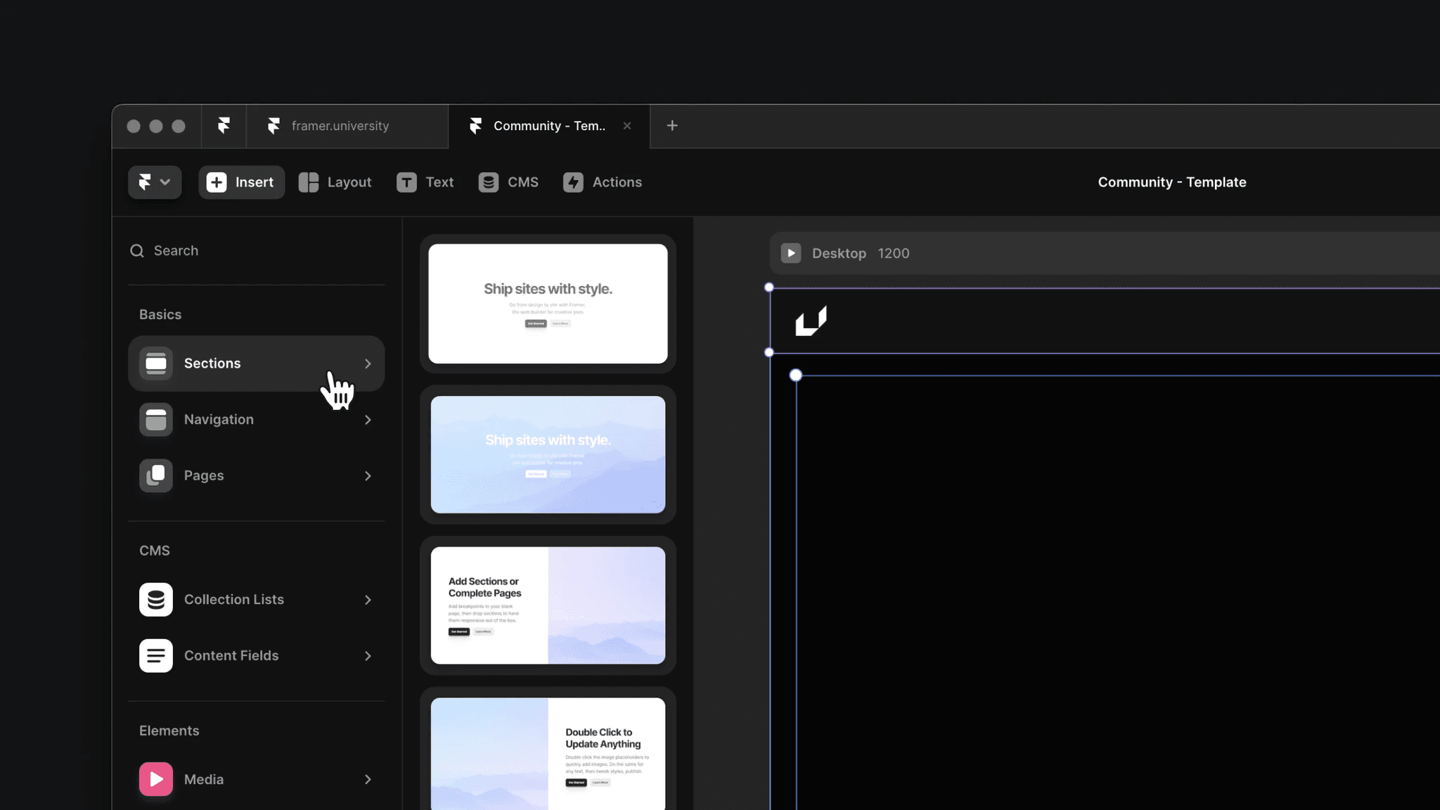 Framer design interface showing Community Template editor with sections, navigation, and content management options for web design