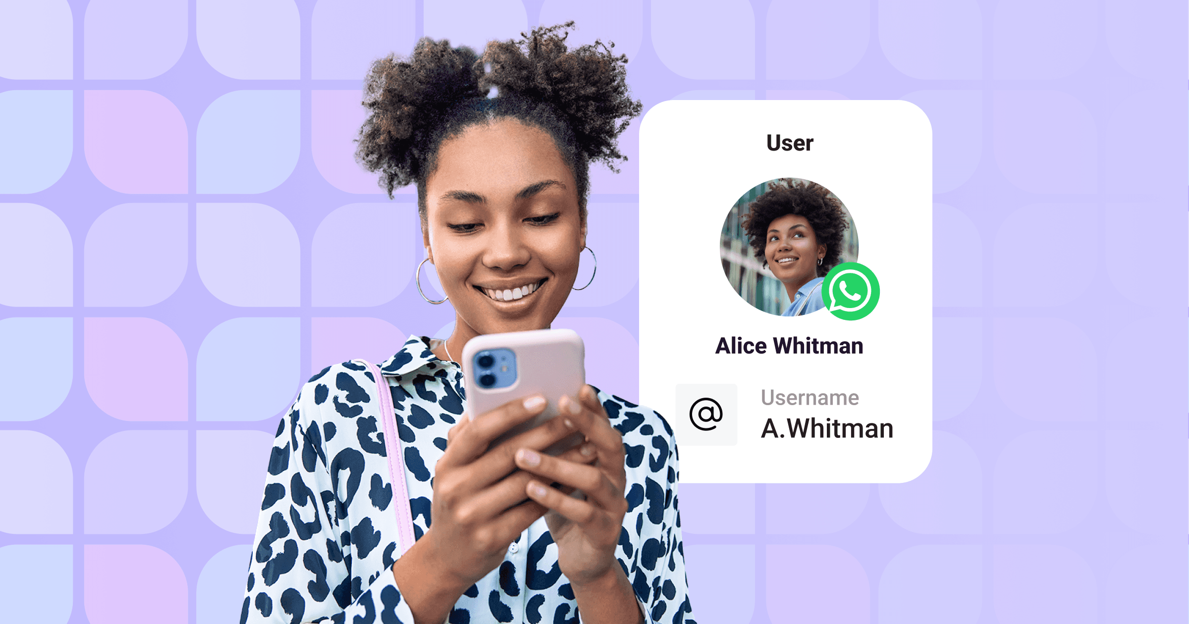 Woman using WhatsApp on a smartphone with a username profile card showing @A.Whitman, illustrating the WhatsApp username feature rolling out in 2026
