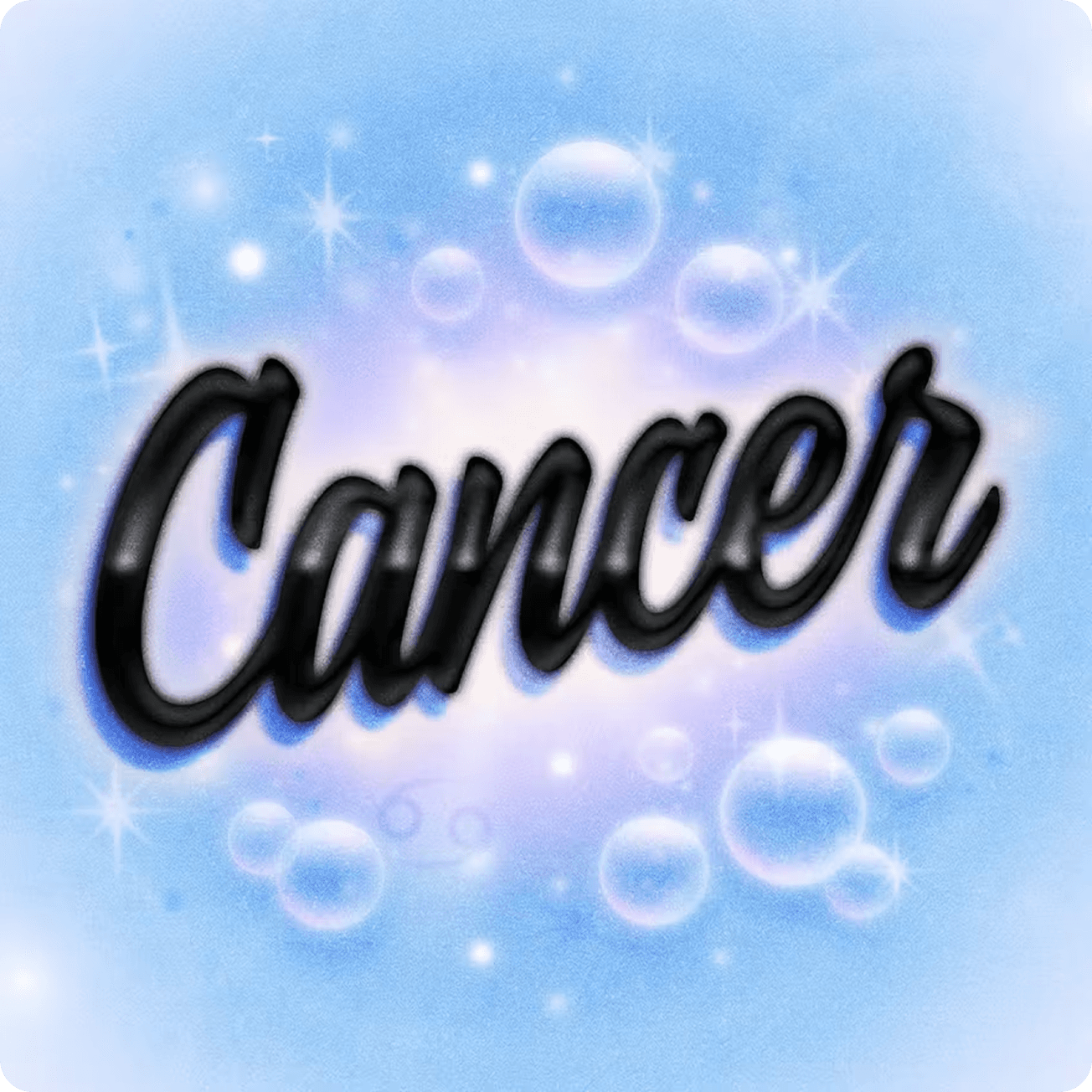 Stylized text "Cancer" displayed against a light blue background with bubbles.