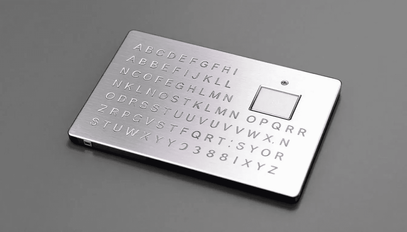 The image features a sturdy metal seed phrase backup plate with stamped letters, positioned next to a sleek hardware wallet, highlighting essential tools for securing crypto assets and private keys. This setup emphasizes the importance of cold storage and crypto security in managing digital wallets and protecting against online threats.
