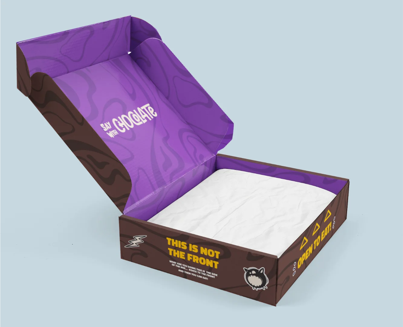 Internal packaging and unboxing experience for Say with Chocolate, showing the branded interior of the box and individual chocolate bar placement in a high-quality 3D mockup.