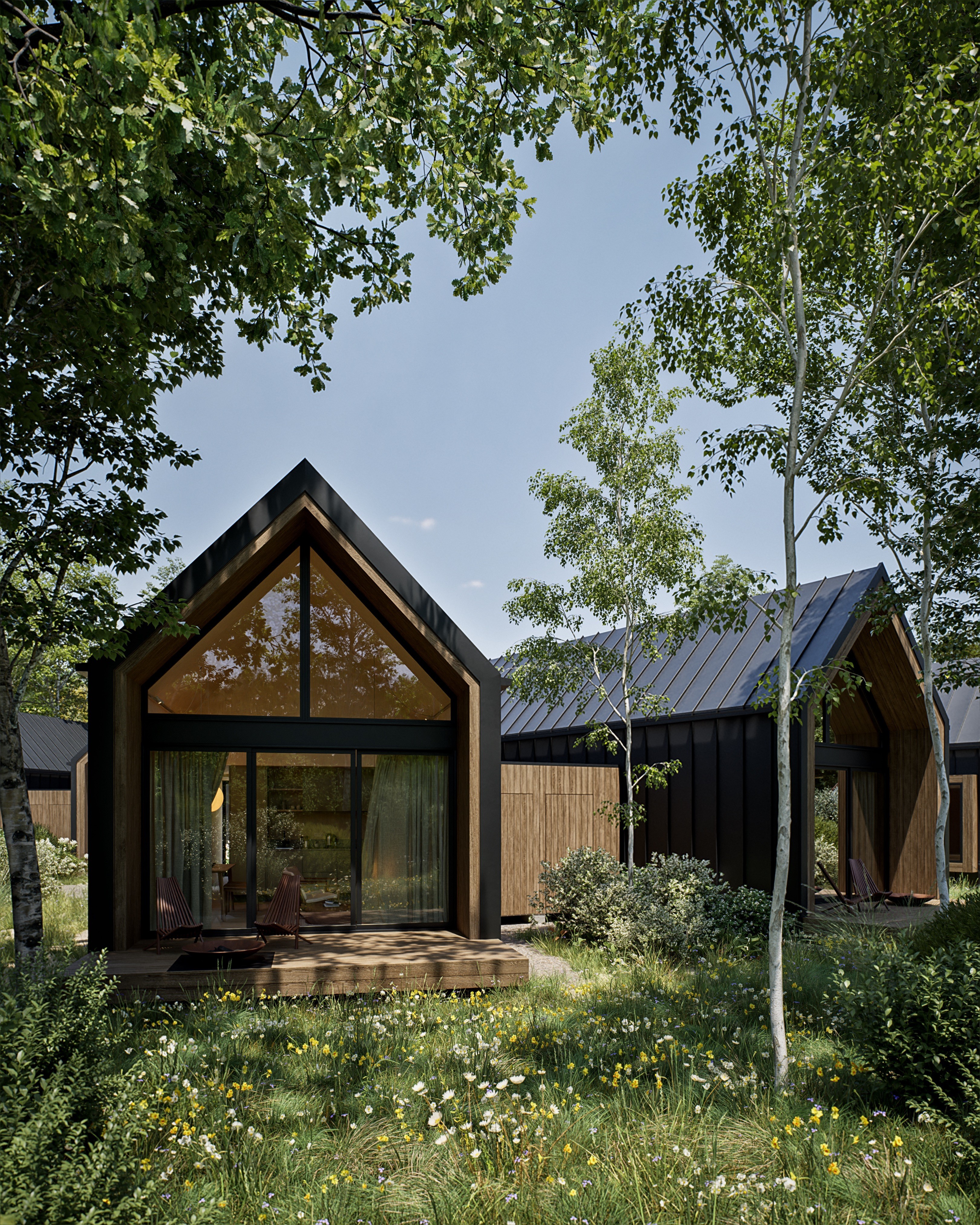 Child walking on a wooden beam with a large tree and swing nearby in a courtyard of modern wooden houses, while another person adjusts a bicycle.