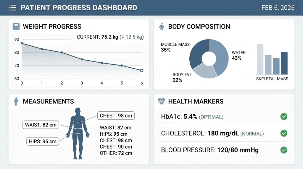 Comprehensive tirzepatide progress tracking dashboard with multiple health metrics