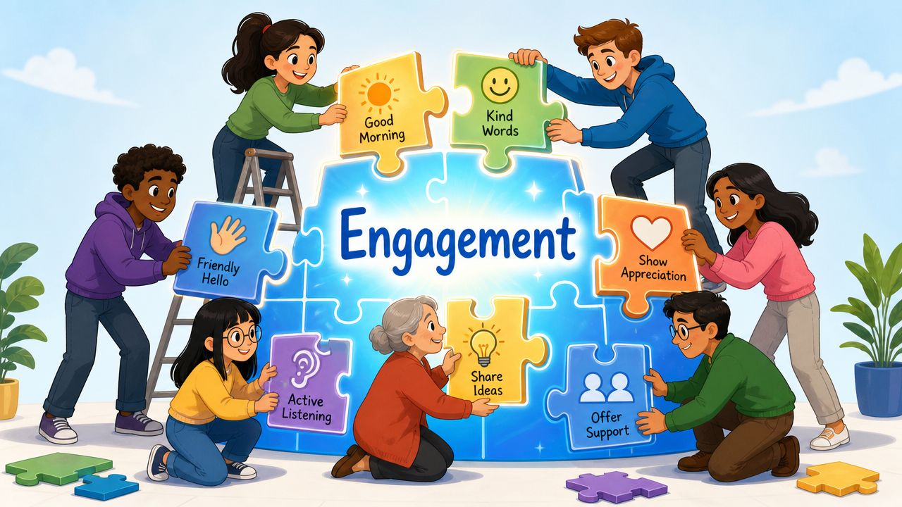 A diverse group of people collaborating to complete a large puzzle representing concepts of employee engagement.