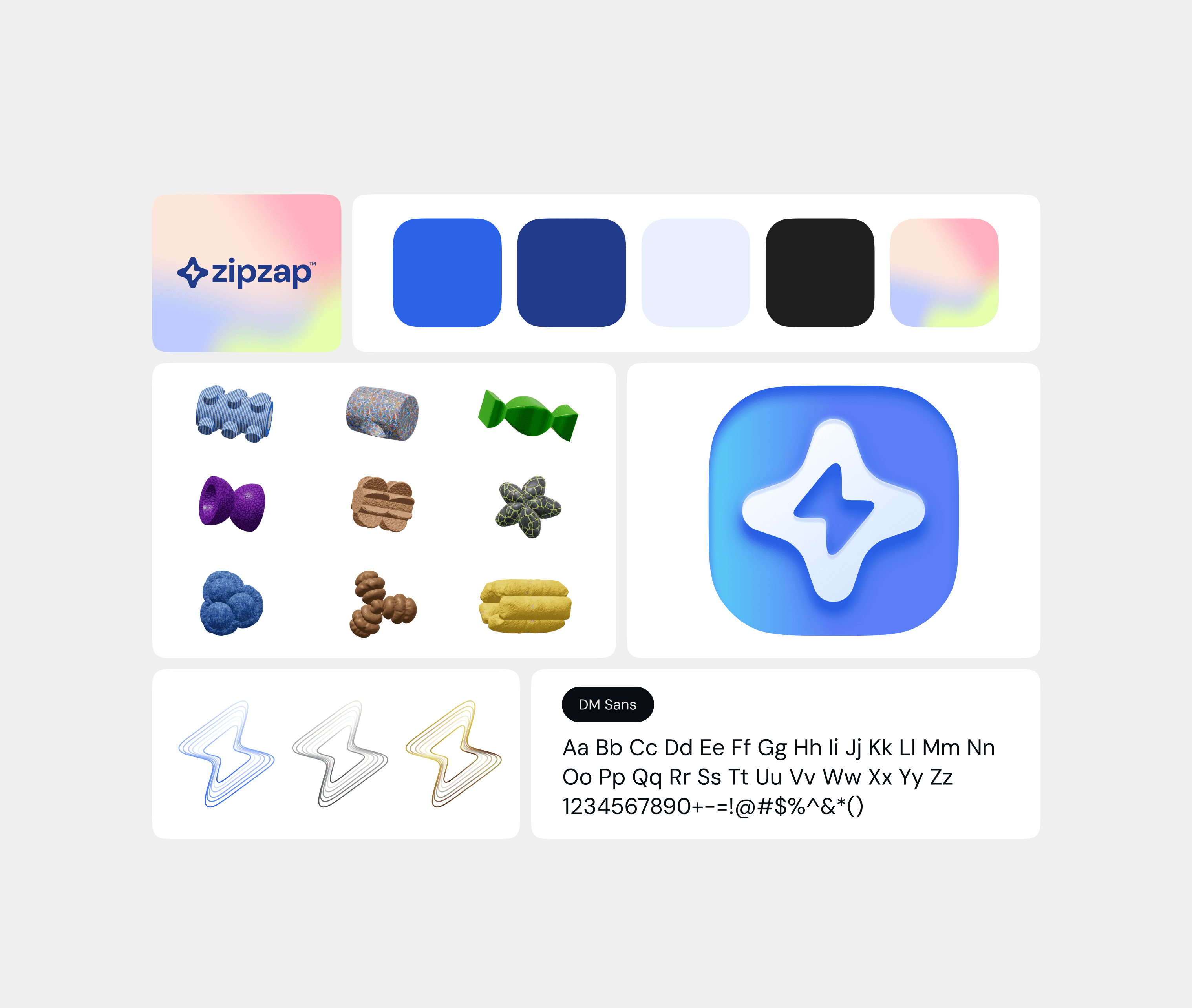 A snapshot of the styleguide, 3D Assets and Font CHoice for Zipzap