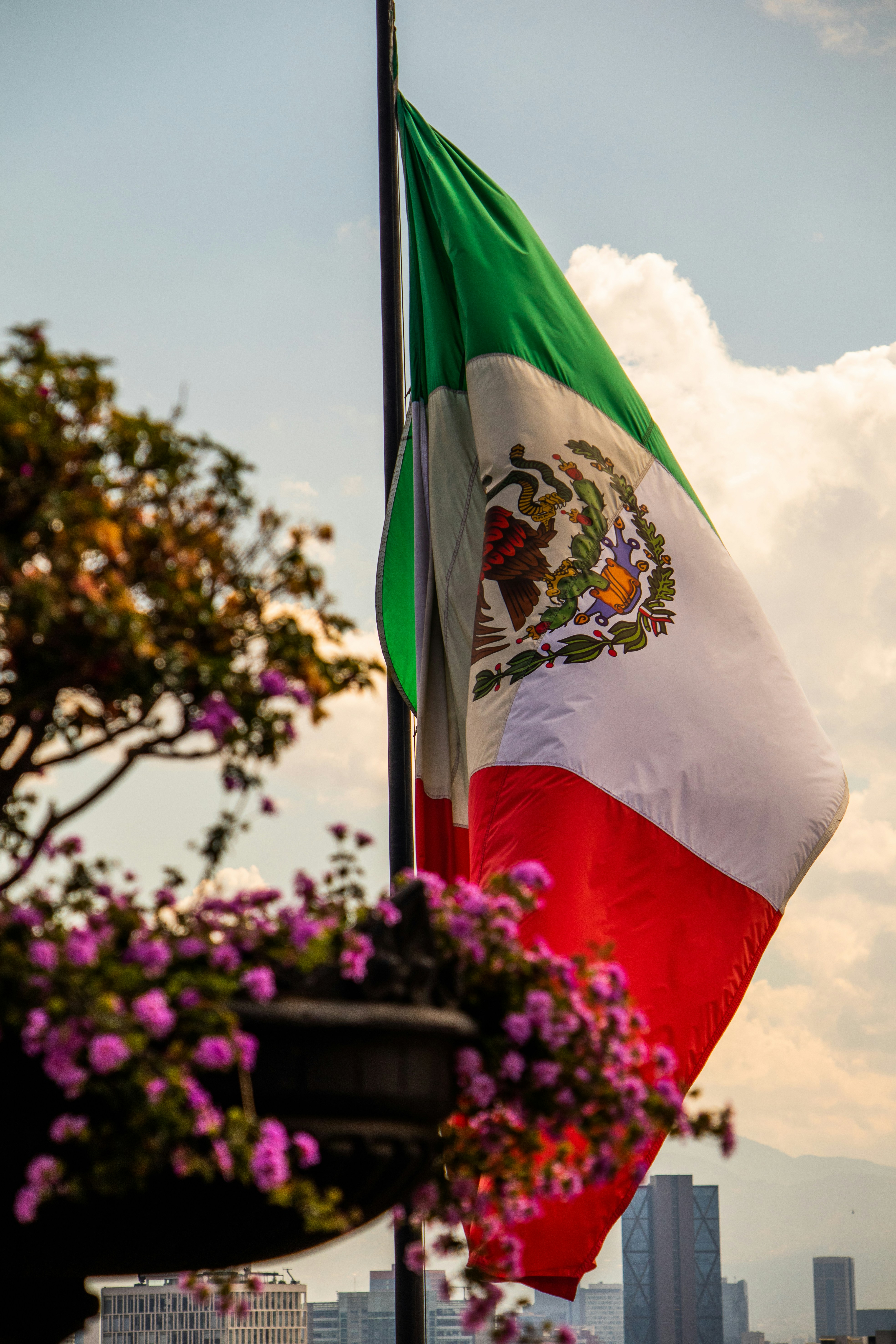 a large mexican flag flying in the wind