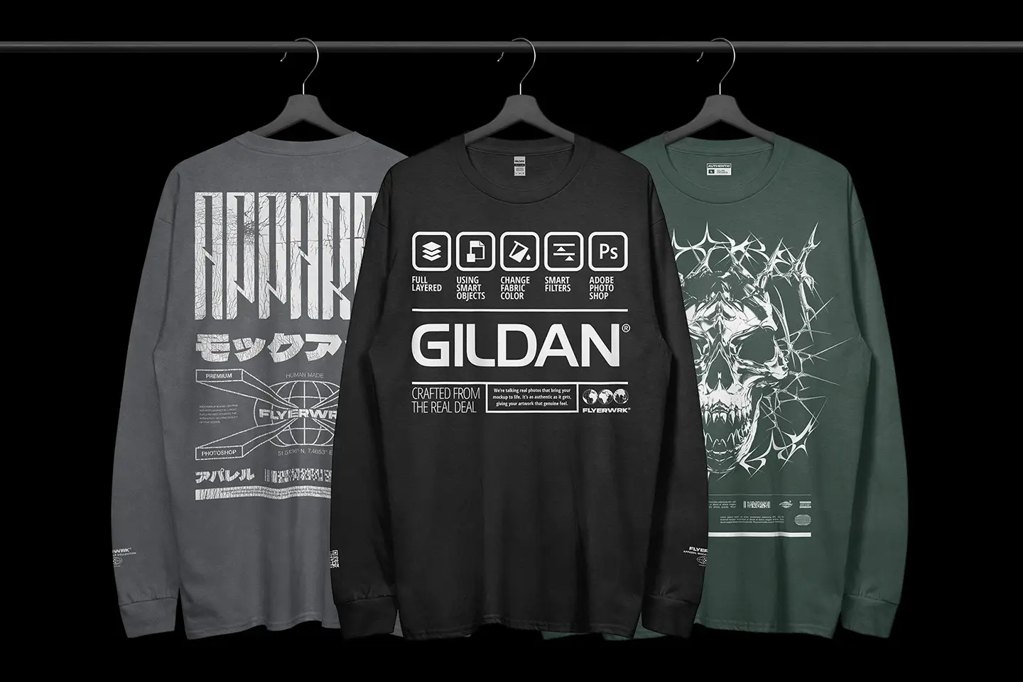 Gildan 2400 long sleeve hanging mockup with multiple shirt design examples