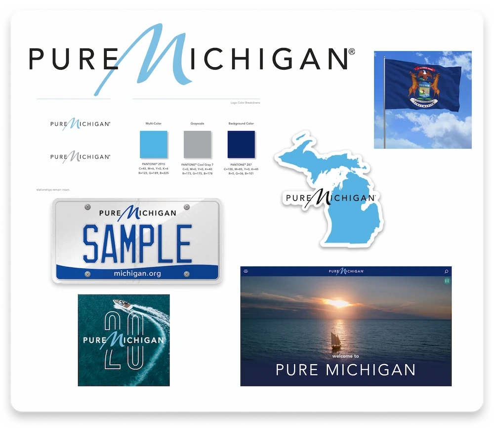 Various branding elements on a collage for the state of Michigan