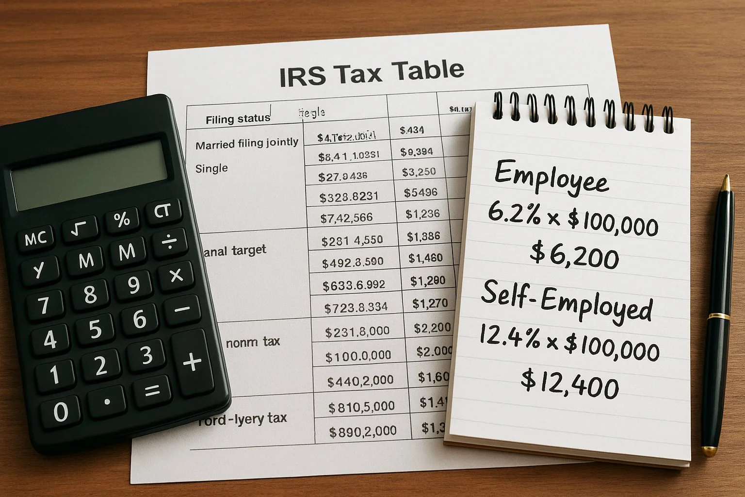 Desk with a calculator, IRS tax table, and notepad displaying simplified calculations comparing employee and self-employed contributions.