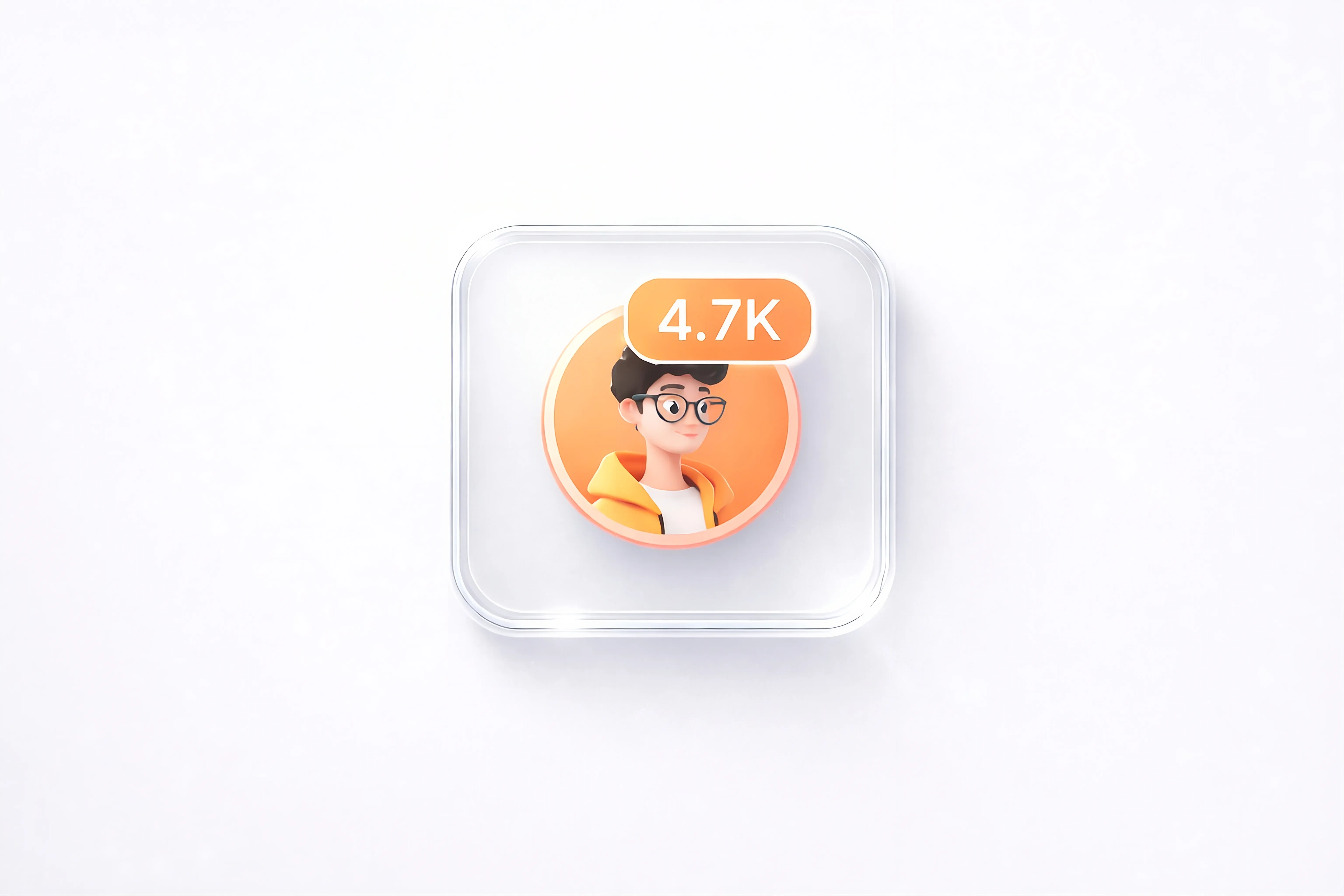 Premium 3D glass user badge with a stylized avatar and follower count in a light theme