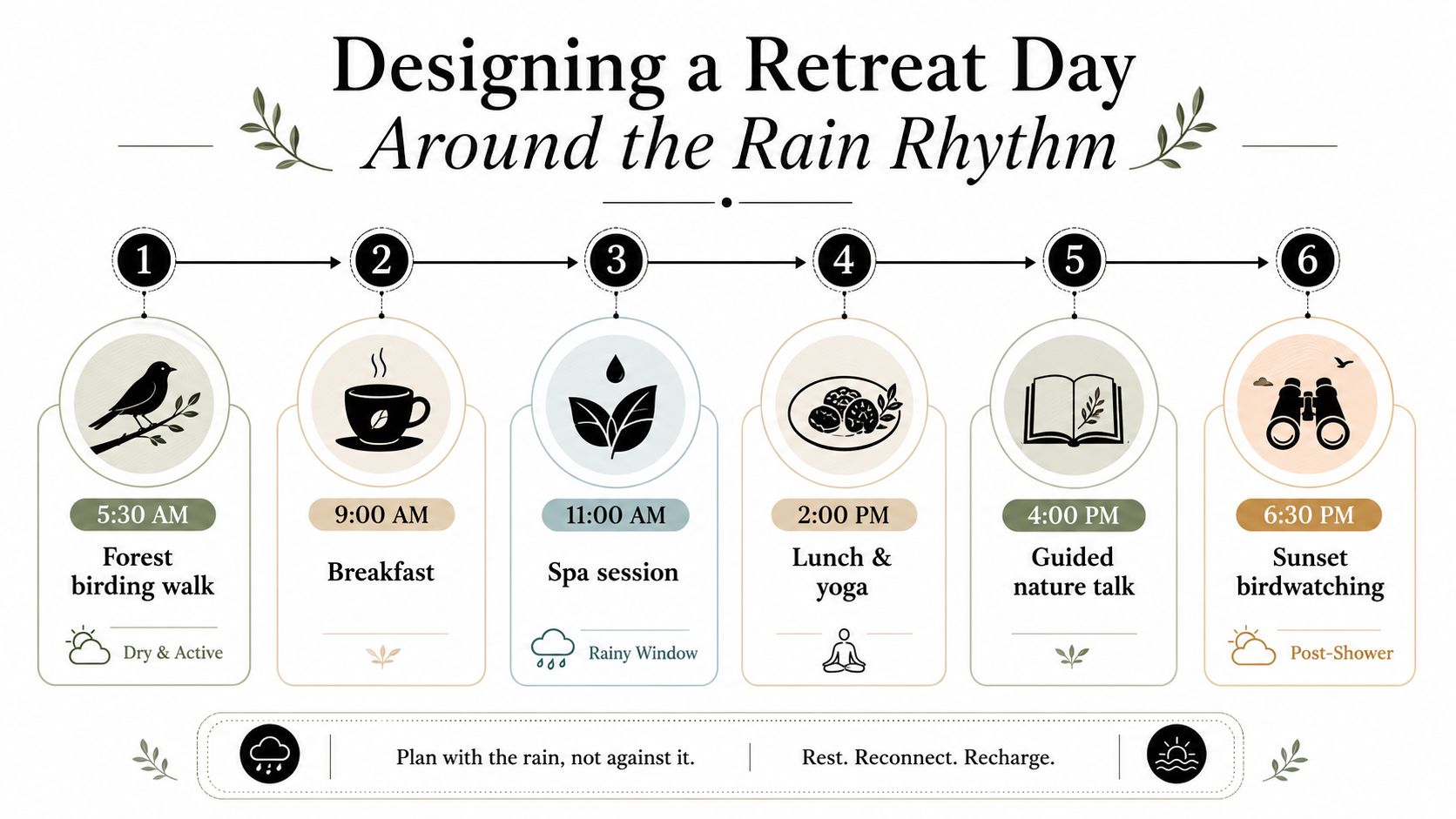 A schedule for a retreat day designed around weather patterns, featuring activities like birding, yoga, and meditation.