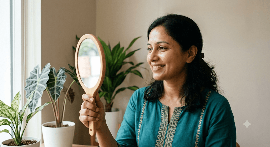 A patient looking in a mirror, pleased with the natural improvement in her skin texture.