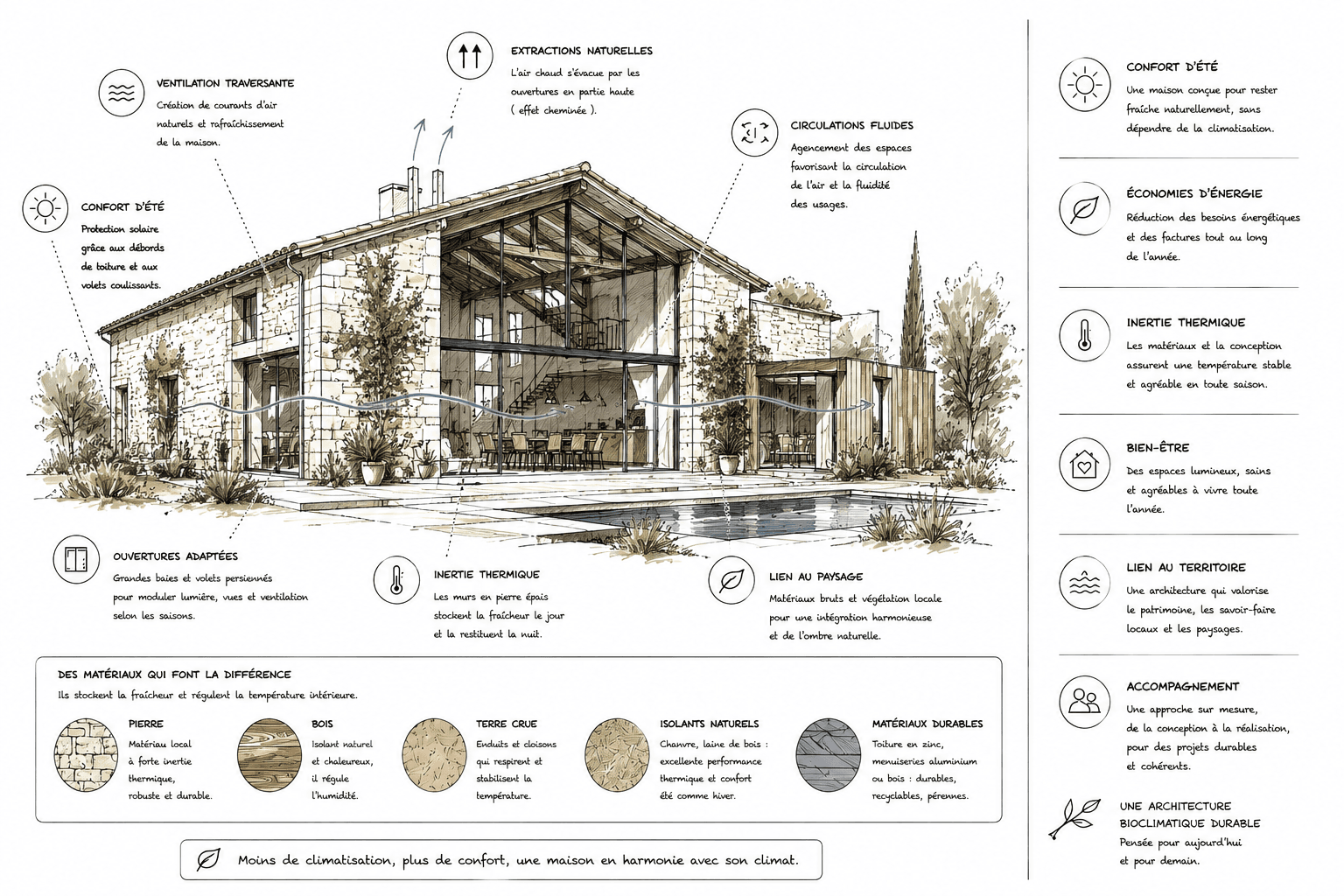 architecture bioclimatique, conception bioclimatique, architecture durable, bâtiment durable, construction responsable, rénovation énergétique, architecture passive, sobriété énergétique, performance environnementale, confort thermique passif, adaptation climatique, habitat résilient, bâtiment bas carbone, projet durable. rénovation de grange, réhabilitation de bâtiment ancien, maison en pierre rénovée, architecture rurale contemporaine, valorisation du patrimoine, patrimoine rural, bâti ancien, rénovation patrimoniale, architecture vernaculaire, transformation architecturale, maison de caractère, habitat d'exception. ventilation traversante, ventilation naturelle, circulation naturelle de l'air, rafraîchissement passif, extraction naturelle de l'air chaud, confort d'été, refroidissement naturel, qualité de l'air intérieur, habitat respirant, ventilation bioclimatique, architecture climatique, confort thermique naturel. inertie thermique, murs en pierre, pierre naturelle, régulation thermique, stockage de la fraîcheur, confort thermique toute l'année, matériaux à forte inertie, stabilité des températures, enveloppe performante, efficacité énergétique, confort d'hiver et d'été. grandes ouvertures, baies vitrées, façade vitrée, lumière naturelle, éclairage naturel, architecture lumineuse, apport solaire maîtrisé, transparence architecturale, vue sur le paysage, ouverture sur l'extérieur, confort visuel, habitat lumineux. confort d'été, protection contre la chaleur, architecture adaptée au climat méditerranéen, maison fraîche en été, habitat bioclimatique, réduction de la climatisation, architecture passive, bien-être thermique, qualité de vie, confort naturel, performance environnementale. matériaux naturels, pierre locale, bois naturel, terre crue, matériaux biosourcés, construction écologique, matériaux durables, ressources locales, architecture responsable, faible impact carbone, filières locales, habitat sain, construction durable. charpente apparente, structure bois, poutres apparentes, matériaux authentiques, architecture chaleureuse, dialogue entre ancien et contemporain, matériaux nobles, intérieur lumineux, architecture de caractère, rénovation haut de gamme. végétalisation, végétation locale, biodiversité, paysage méditerranéen, jardin naturel, arbres d'ombrage, intégration paysagère, architecture et paysage, nature protectrice, îlot de fraîcheur, végétalisation des abords, cadre de vie durable. lien au paysage, intégration dans le site, architecture contextuelle, valorisation du territoire, habitat en harmonie avec son environnement, paysage rural, connexion avec la nature, architecture ancrée dans son territoire, qualité paysagère. bien-être, habitat sain, confort visuel, confort acoustique, confort thermique, qualité de vie, espaces lumineux, architecture du bien-être, santé dans le bâtiment, qualité environnementale, habitat durable. économies d'énergie, réduction des consommations, performance énergétique, bâtiment basse consommation, efficacité énergétique, optimisation énergétique, rénovation énergétique globale, transition écologique, bâtiment performant, réduction de l'empreinte carbone. architecte Montpellier, architecte bioclimatique Montpellier, rénovation énergétique Montpellier, architecte durable Montpellier, architecture environnementale Montpellier, architecte Hérault, agence d’architecture durable. architecte Nîmes, architecte bioclimatique Nîmes, rénovation énergétique Nîmes, architecture écologique Nîmes, architecte Gard. architecte Perpignan, architecte bioclimatique Perpignan, rénovation énergétique Perpignan, architecture écologique Perpignan, architecte Pyrénées-Orientales. architecte Occitanie, architecture bioclimatique Occitanie, rénovation de grange, maison en pierre rénovée, architecture durable, rénovation énergétique, confort d'été, ventilation traversante, extraction naturelle de l'air chaud, inertie thermique, matériaux biosourcés, pierre locale, bois naturel, valorisation du patrimoine, intégration paysagère, bâtiment responsable, maison écologique, habitat durable, projet architectural bas carbone, maison bioclimatique méditerranéenne.