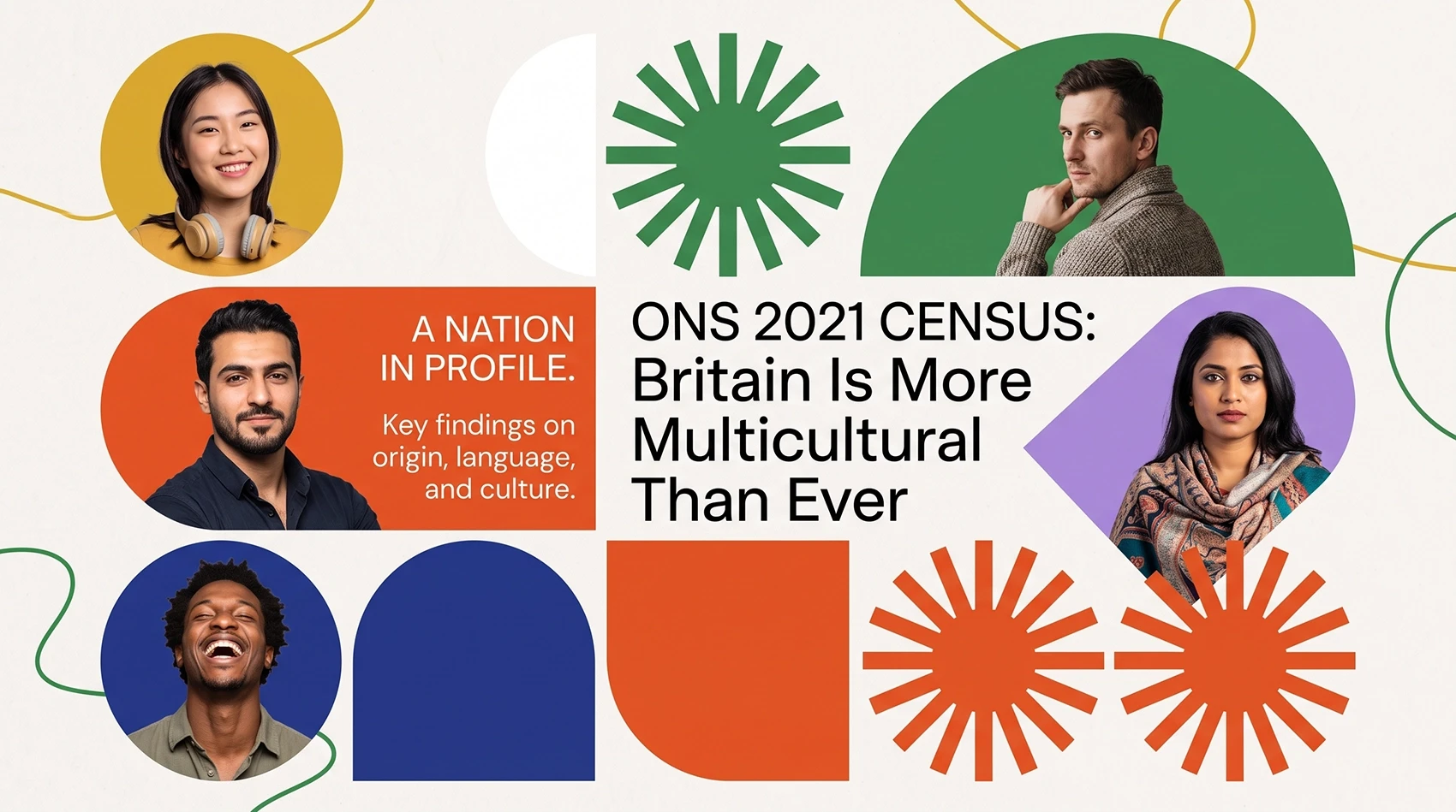 ONS 2021 Census key findings on origin language and culture Britain multicultural cover with diverse faces
