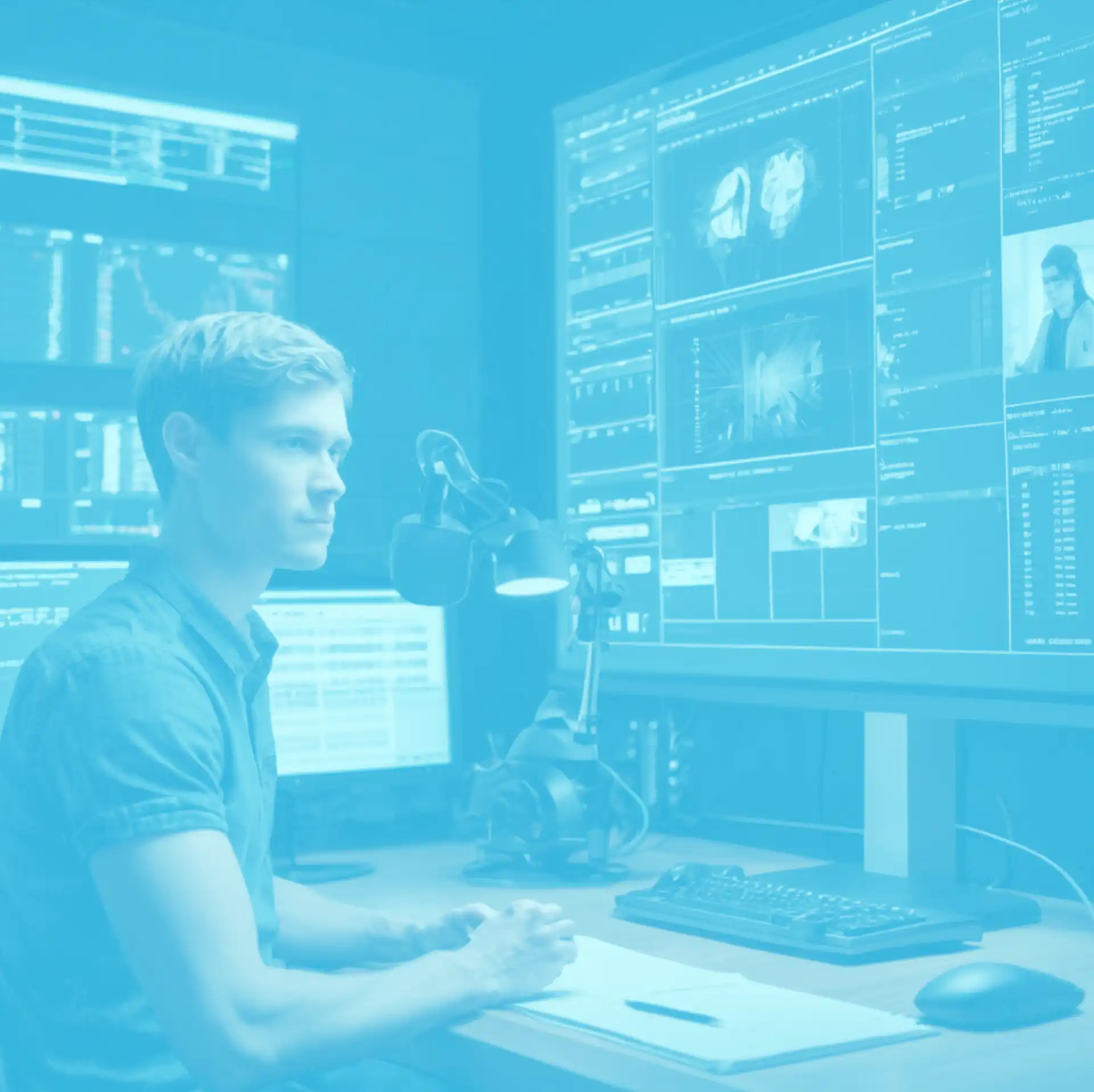 man surrounded by a lot of audio and video equipment