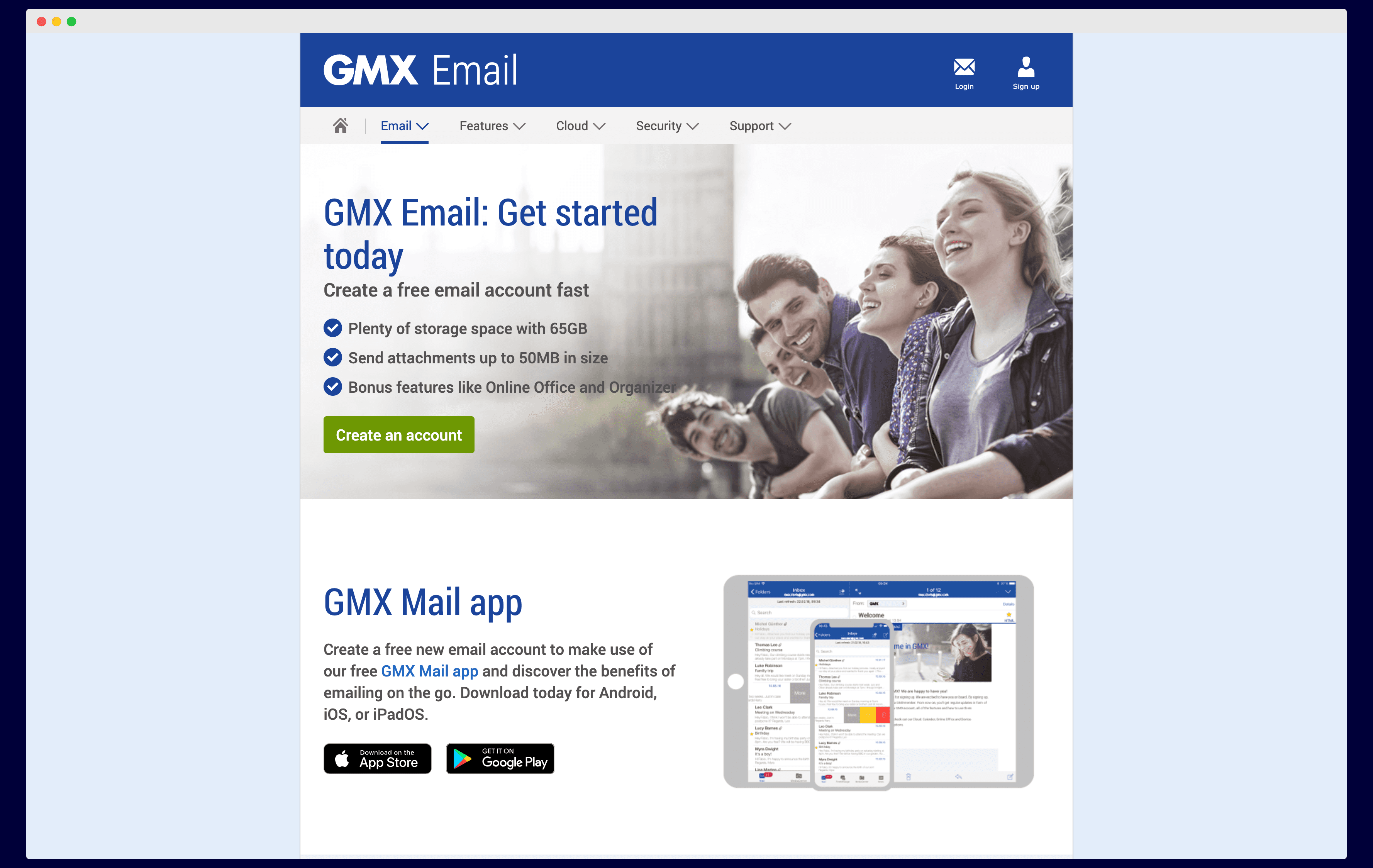 A screenshot of GMX Mail landing page