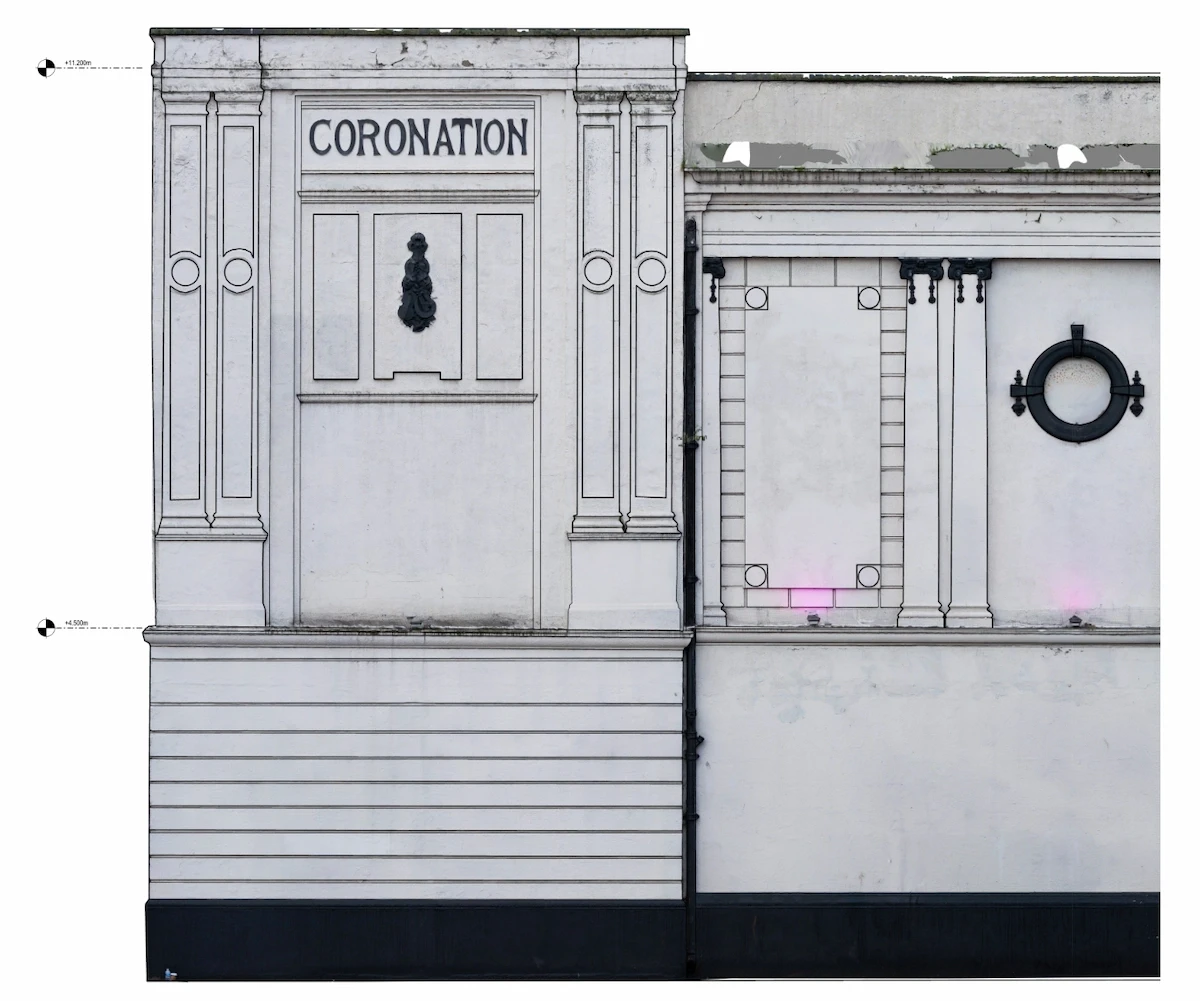 Precise measured building survey elevation drawing of a historic facade, detailing architectural features like stonework and windows