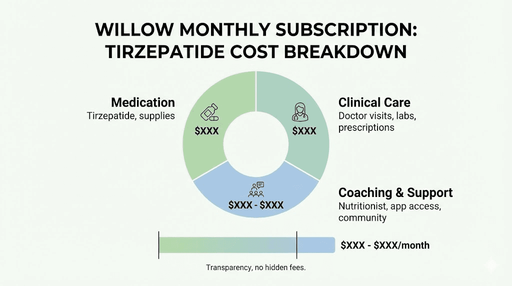 Willow tirzepatide monthly cost breakdown showing included services