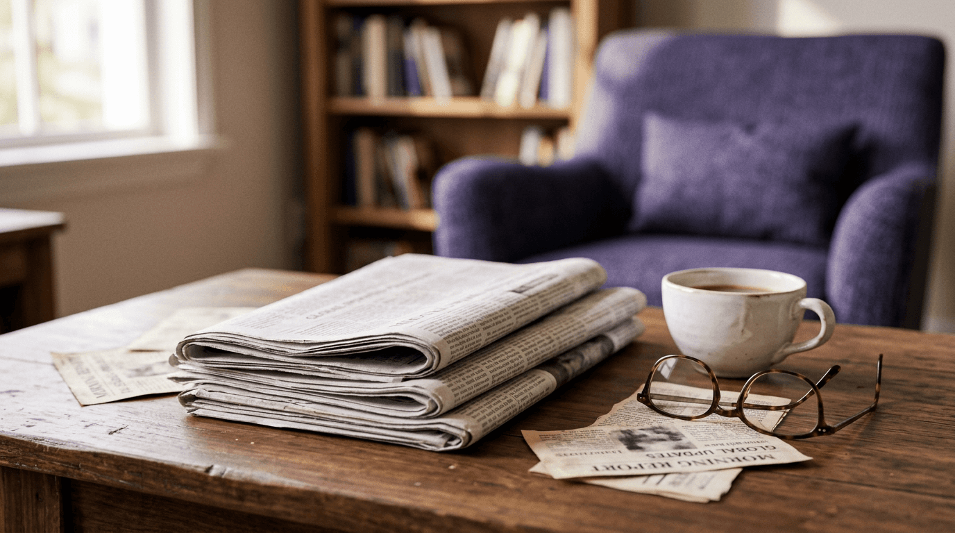 A stack of printed newspapers and press clippings beside a coffee cup on a wooden table in warm morning light