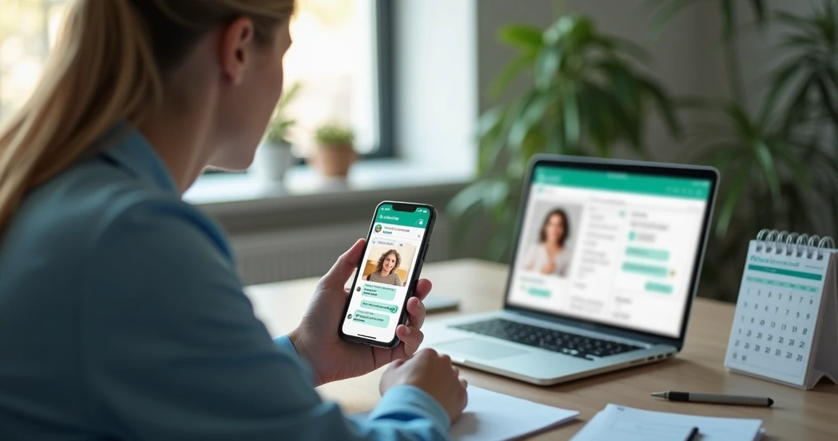 Conversa de nutricionista com paciente pelo WhatsApp em um consultório moderno 