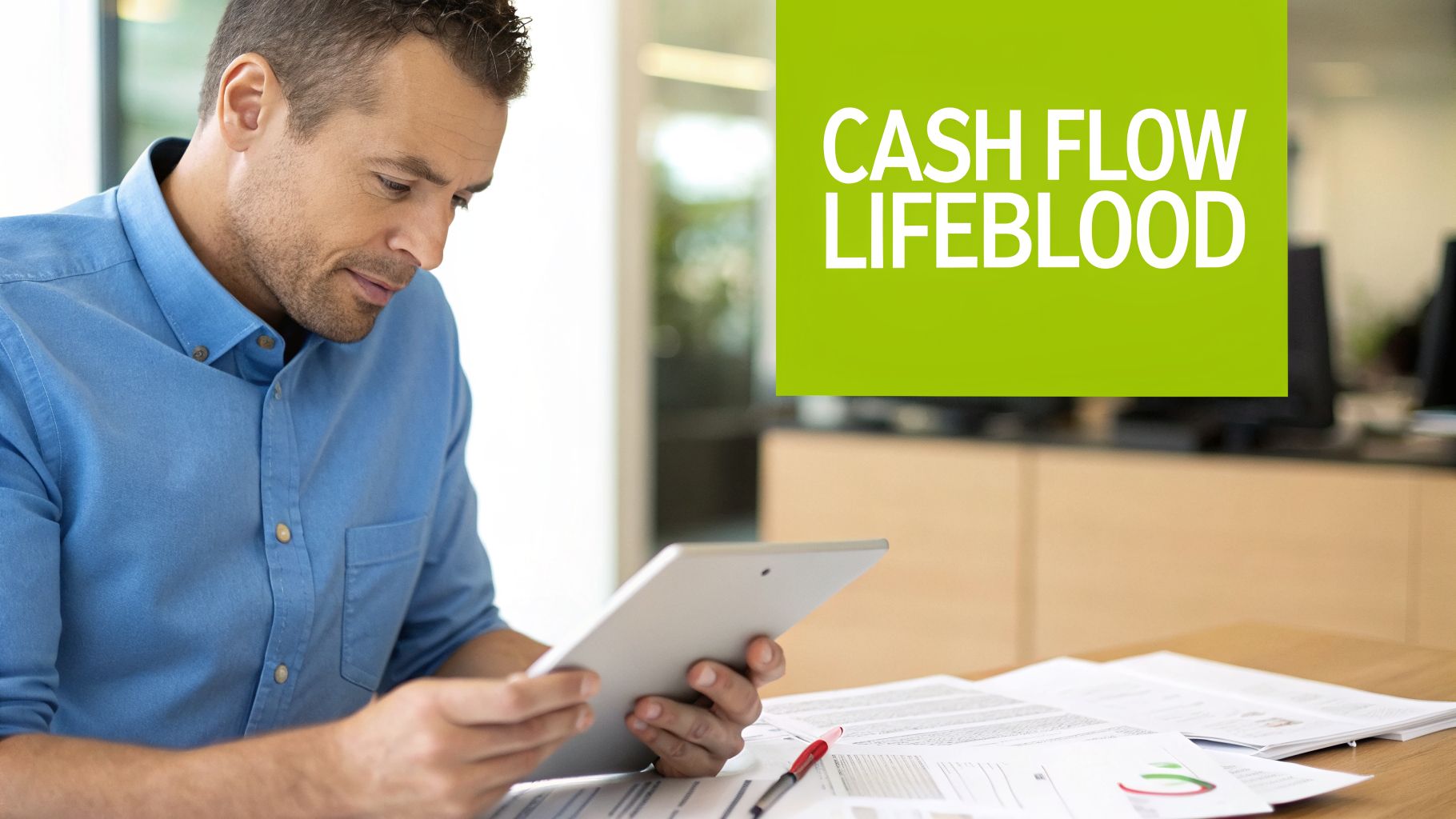 A man in a blue shirt reviewing financial documents and a tablet, with 'CASH FLOW LIFEBLOOD' text.