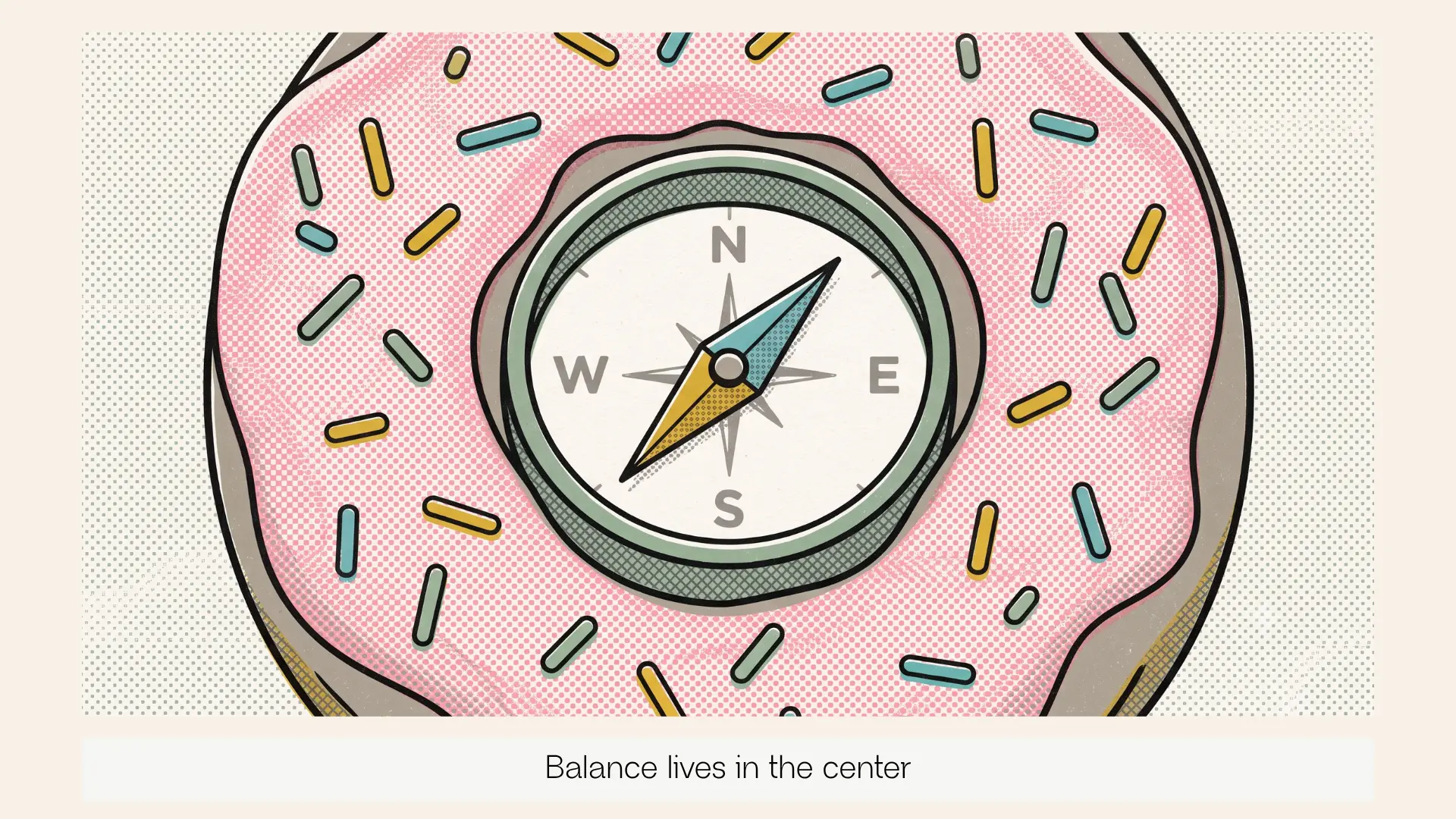 A doughnut with a small compass needle embedded in its center hole.
