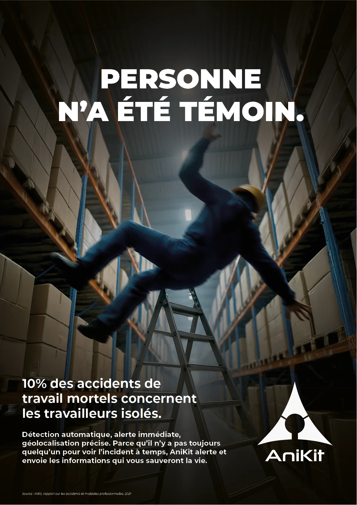 Affiche AniKit personne n a ete temoin montrant un travailleur isole qui chute d une echelle dans un entrepot.