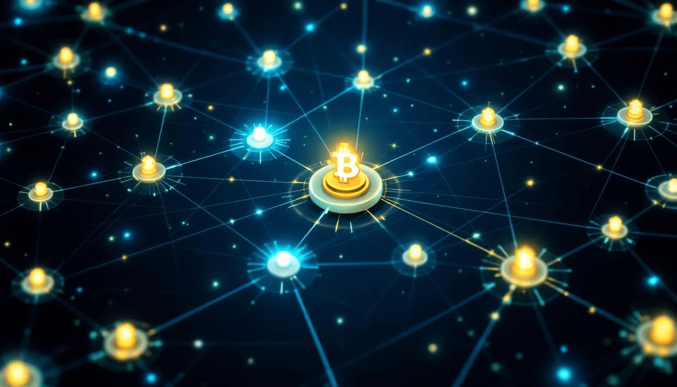 The image depicts a visualization of the Bitcoin Lightning Network, showcasing interconnected payment channels that highlight the decentralized nature of cryptocurrency transactions. This representation serves as an educational tool to help users understand complex crypto concepts, enhancing their engagement with the crypto community and social media platforms.