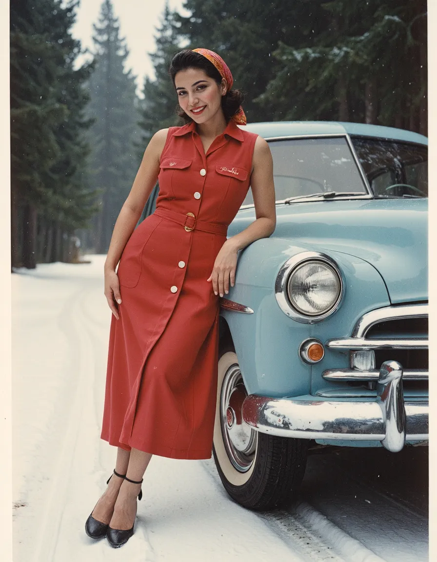 Woman in red vintage dress next to classic blue car in snowy forest setting, retro 1950s fashion photography style