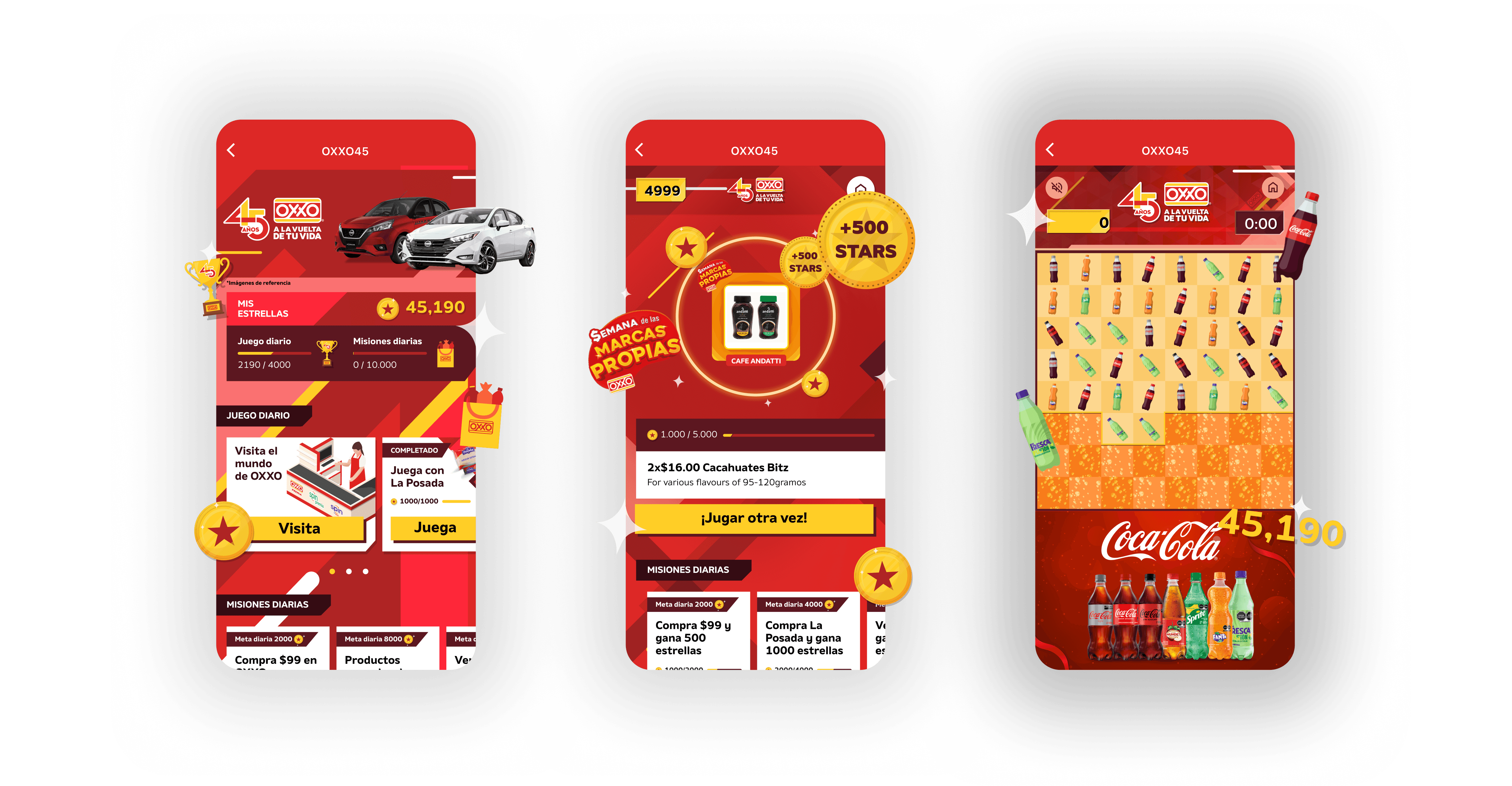 Screenshots from the OXXO 45 years app campaign