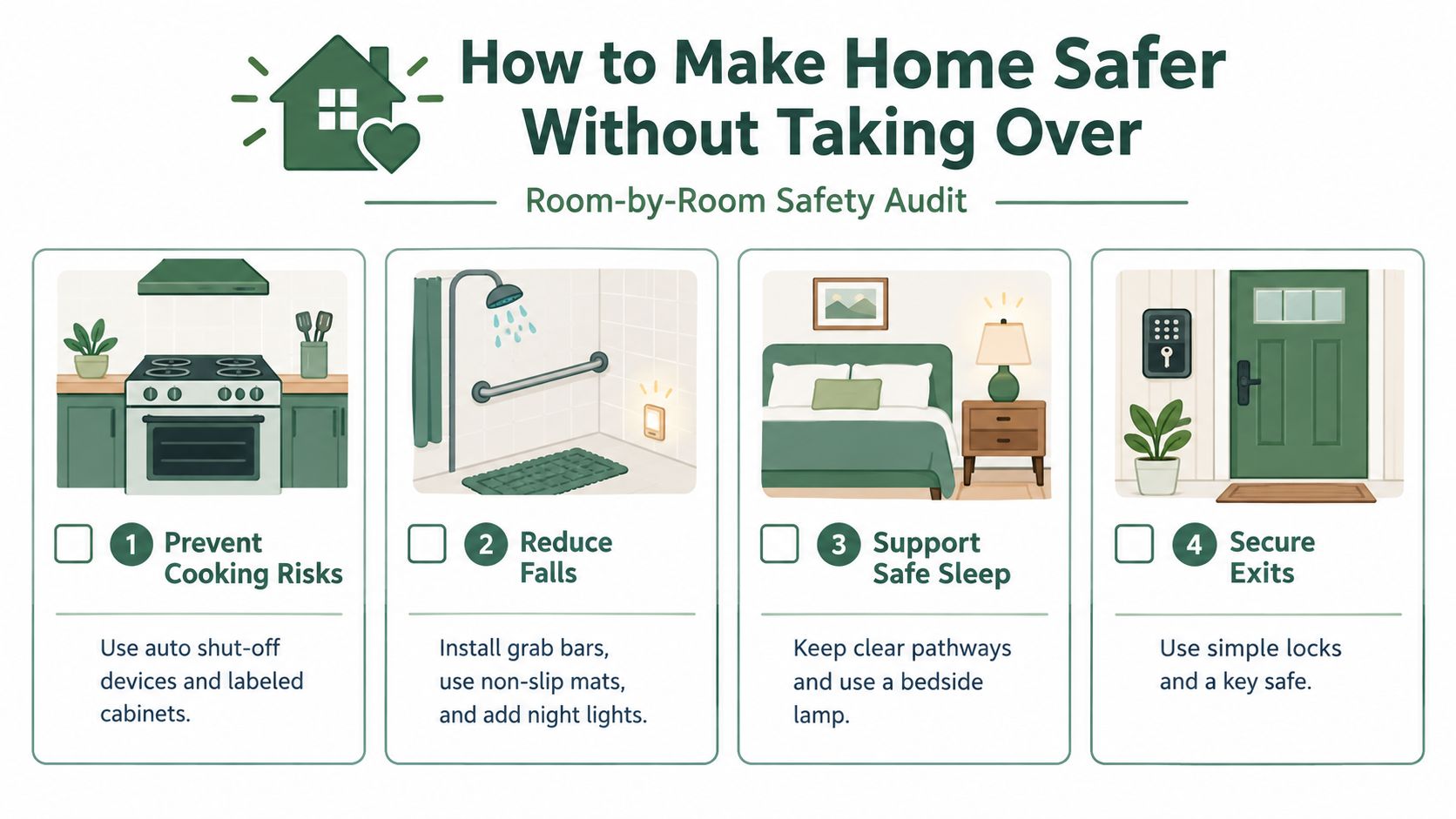 A safety audit infographic showing four essential ways to make a home safer for individuals with dementia.