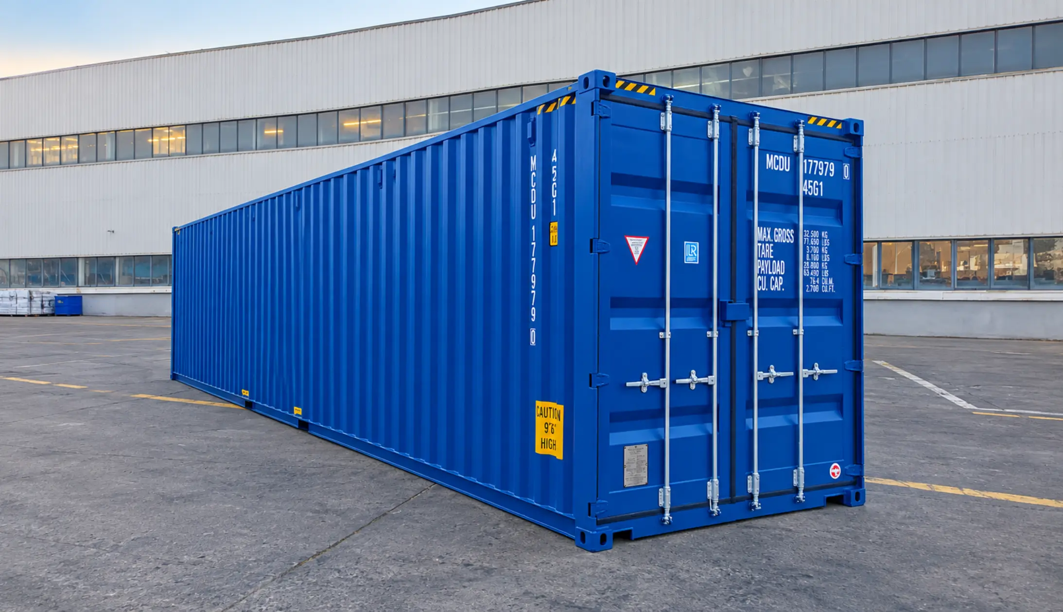 Vind- og vanntett 20 fots blå shippingcontainer plassert på lagerområde