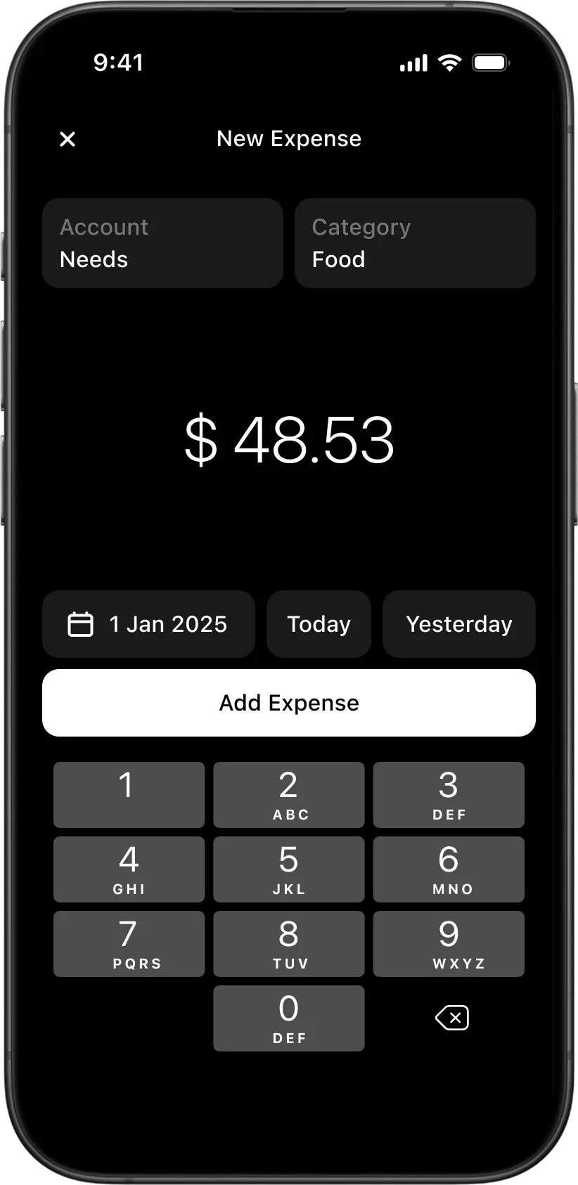 Expense transaction creation screen in the Wudget finance app with category selection and quick amount input.