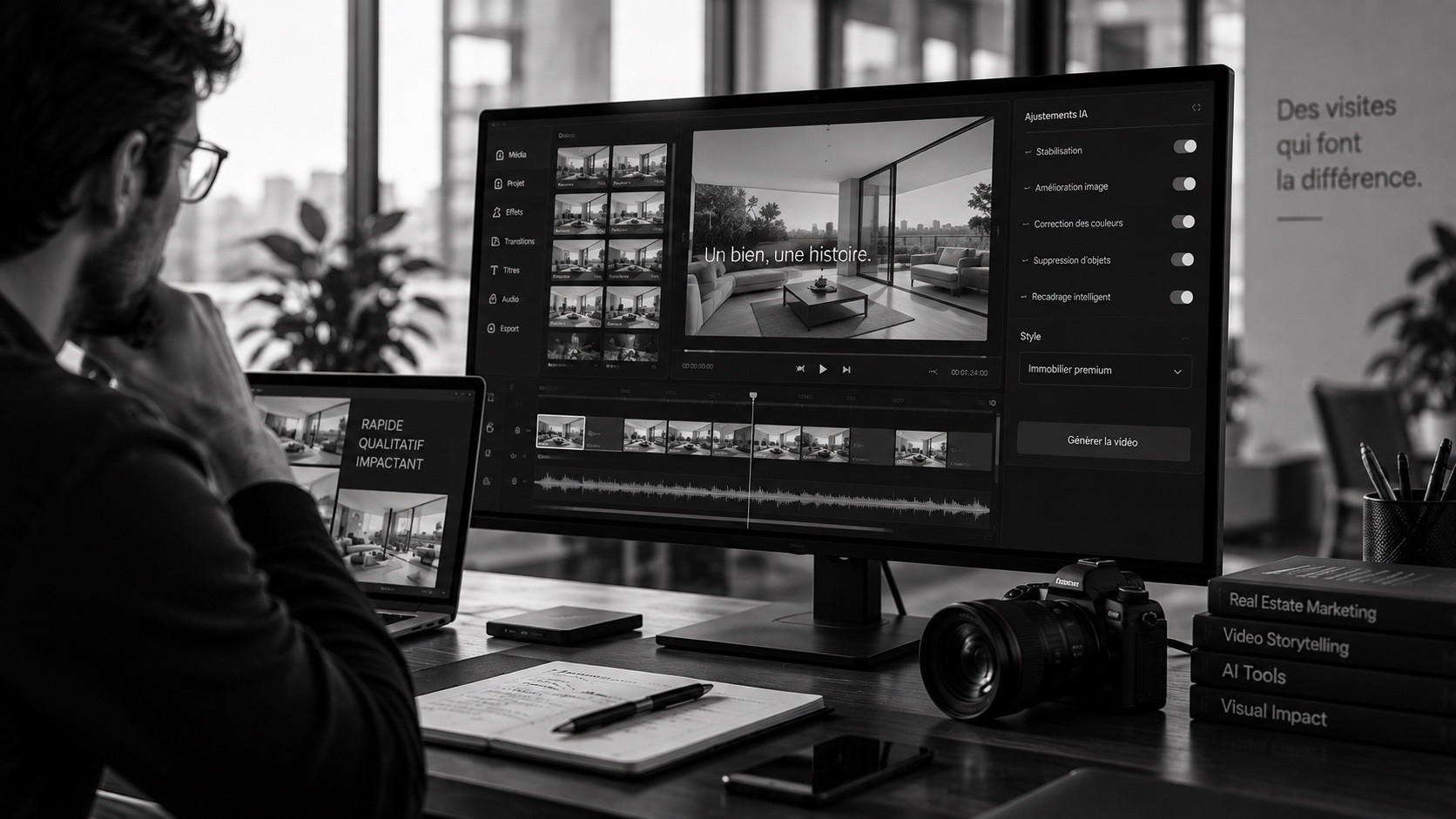Montage vidéo immobilier assisté : sélection des rushes, montage sur la timeline et réglages d’ajustement automatisés