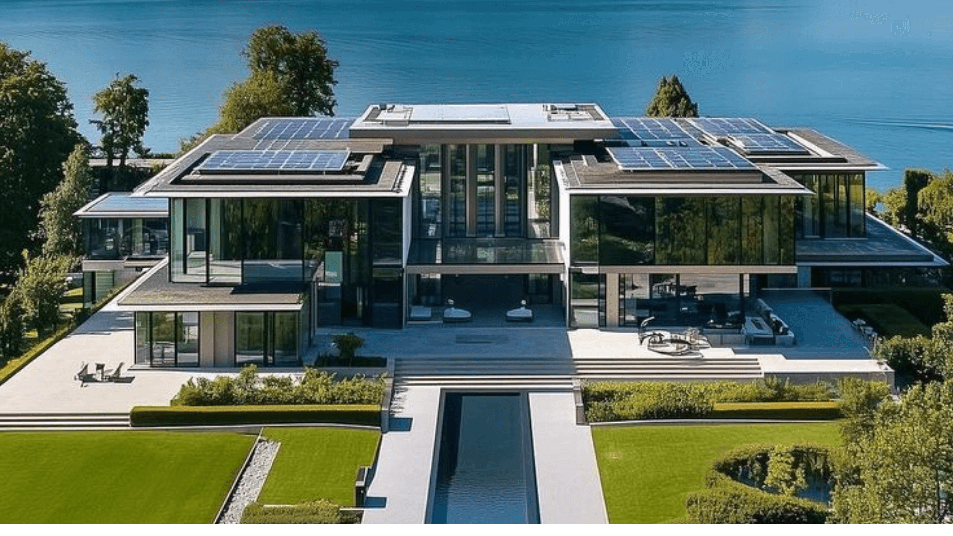 Lakeside residence with rooftop solar panels and a reflecting channel through the garden