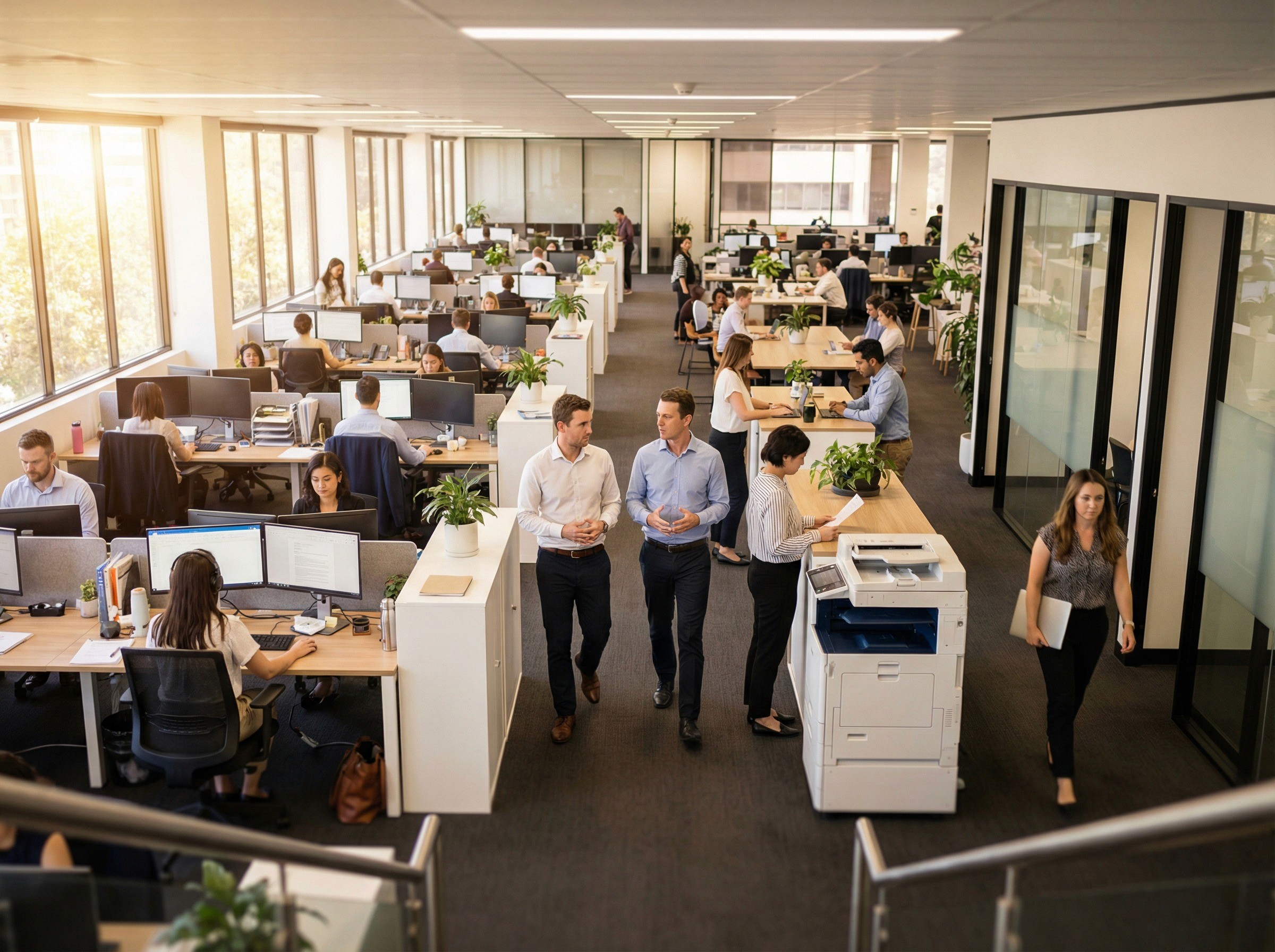 A wide, layered shot of a large open-plan office at mid-afternoon, captured from a slightly elevated angle — perhaps from a mezzanine or an internal staircase landing. The office is alive with normal activity: people at desks working, a pair walking between rows in conversation, someone standing at a printer, another heading toward a meeting room with a laptop under their arm. Nobody is doing anything related to compliance. Nobody is filling in a form or looking at a dashboard. The scene is entirely, deliberately ordinary — an organisation operating normally on a normal afternoon.