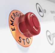 Close-up of the red emergency stop button on the Elevate Glide control panel, positioned alongside the up and down directional controls
