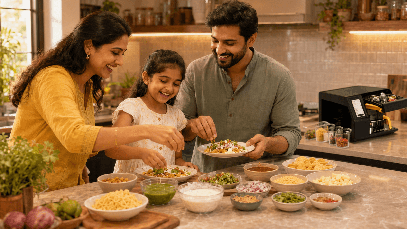 Family building Indian chaat together at a kitchen island on a weeknight