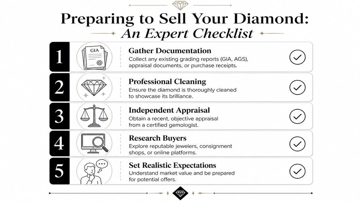 A five-step checklist on how to prepare your diamond for sale including cleaning and appraisal.