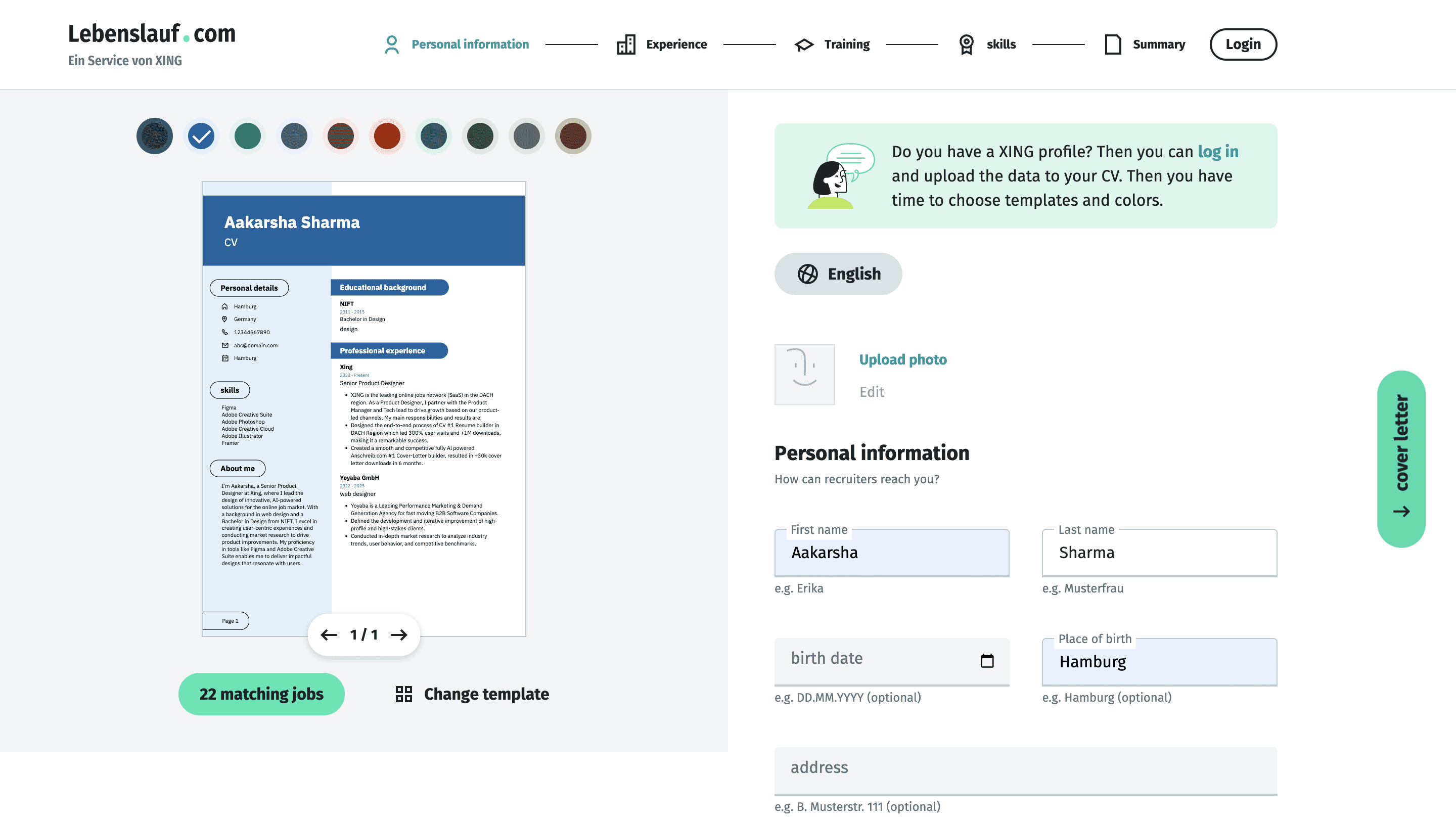 The resume builder's interface is divided into two sections. On the right, form fields and on the left, a template displays a live preview.