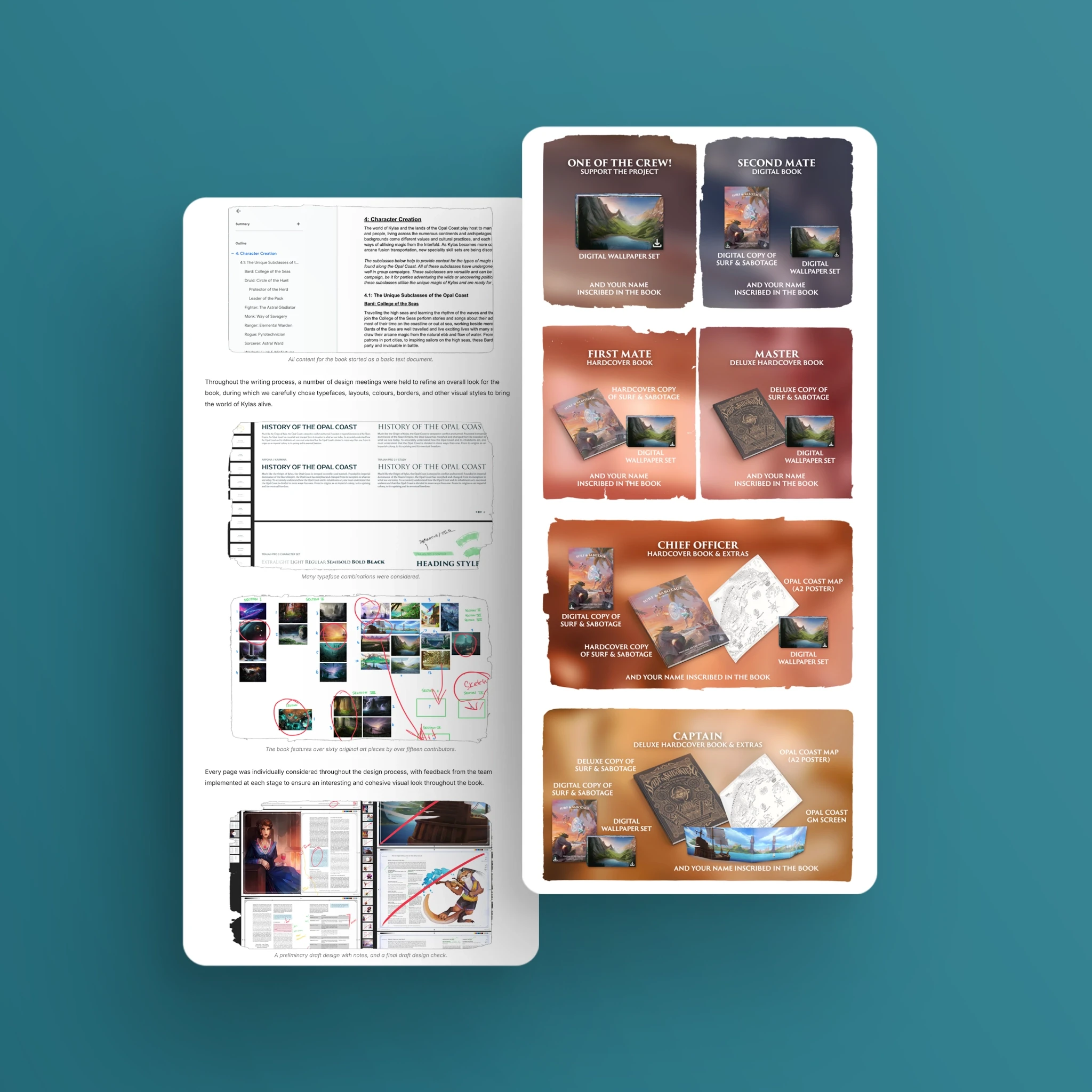 Screenshots of Kickstarter rewards and book drafts with handwritten notes.