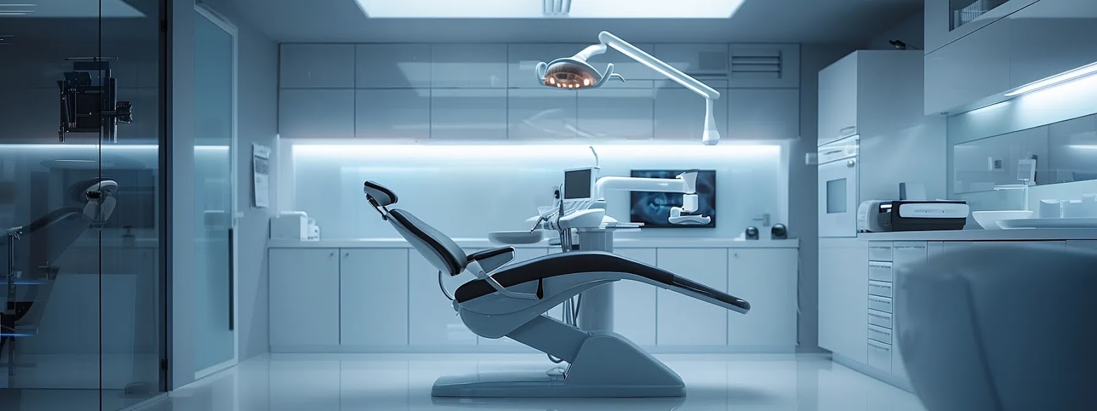 a sleek dental clinic interior showcases a modern dental chair under bright overhead lights, surrounded by high-tech equipment and a pristine, organized workspace emphasizing cutting-edge dental care.