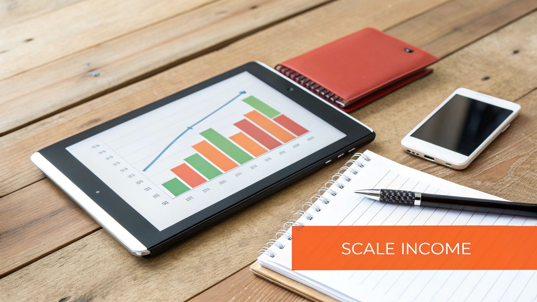 Tablet with growth chart, smartphone, notebooks, and pen on wooden desk, promoting 'SCALE INCOME'.