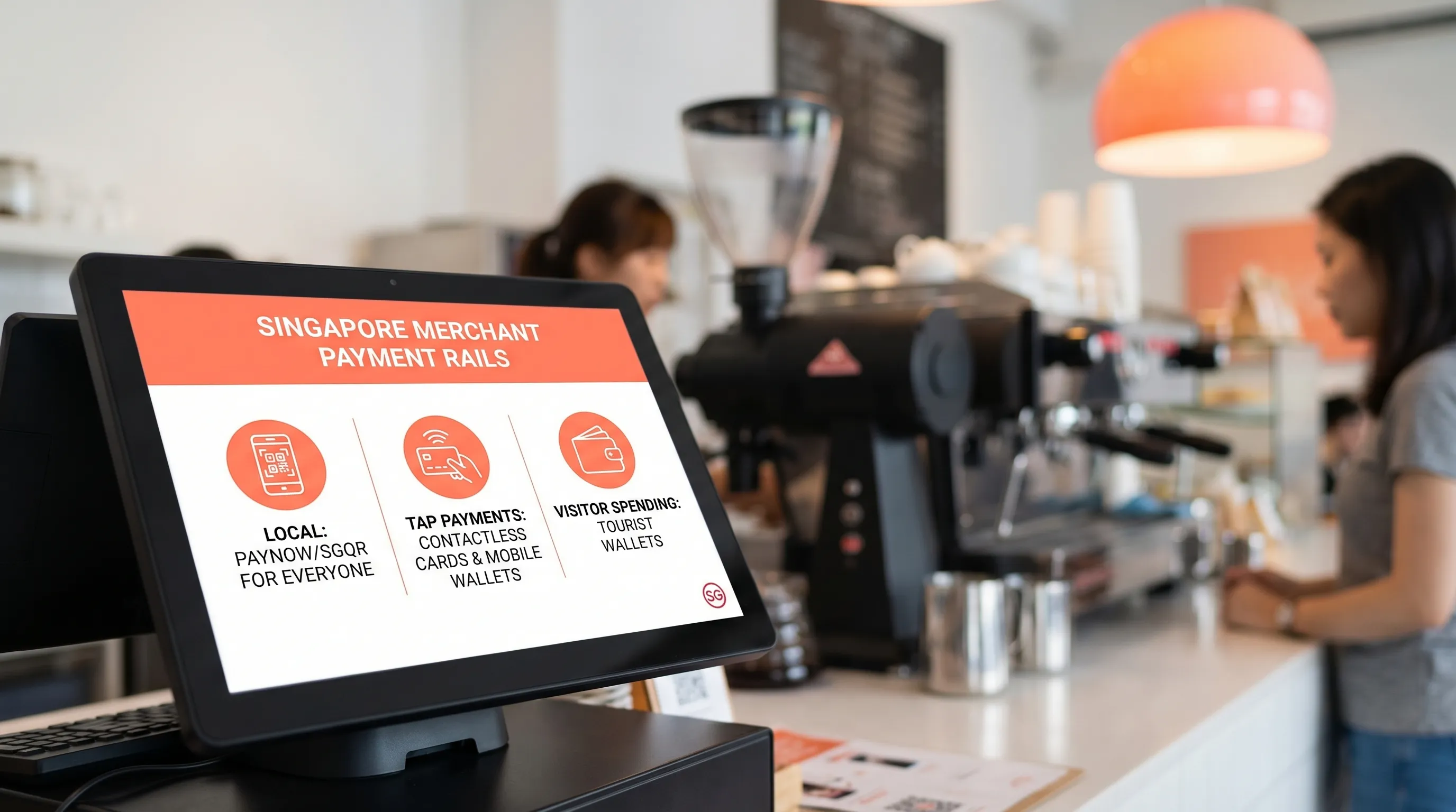 A simple infographic showing three payment rails for Singapore merchants: PayNow/SGQR for locals, contactless cards and mobile wallets for tap payments, and tourist wallets for visitor spending, with icons for phone QR scan, card tap, and wallet logos represented generically.