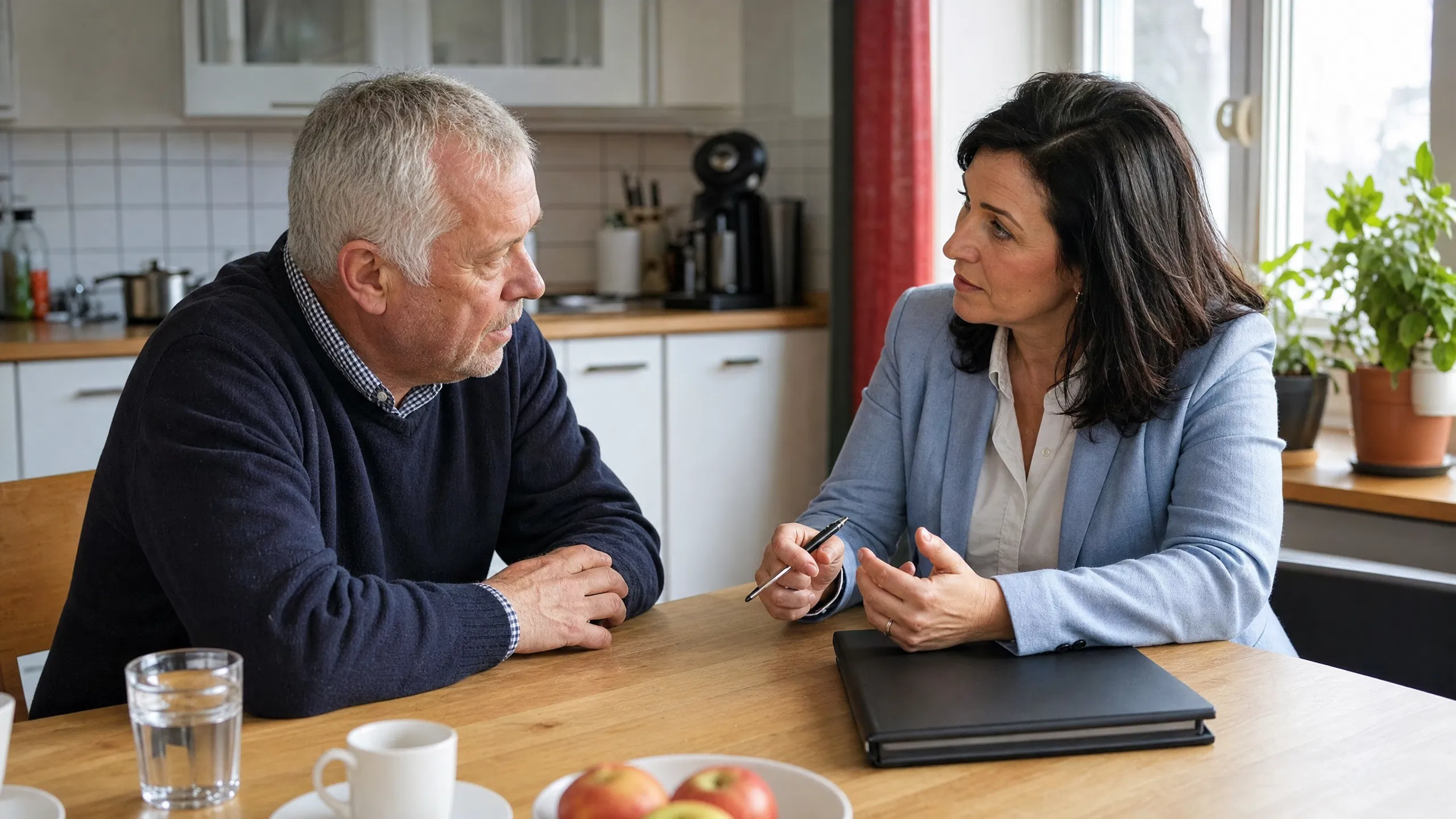 Ein älterer Vermieter sitzt an einem Küchentisch einer österreichischen Wohnung und hört einer Versicherungsberaterin aufmerksam zu, die ihm mit einem geschlossenen Ordner vor sich etwas erklärt.
