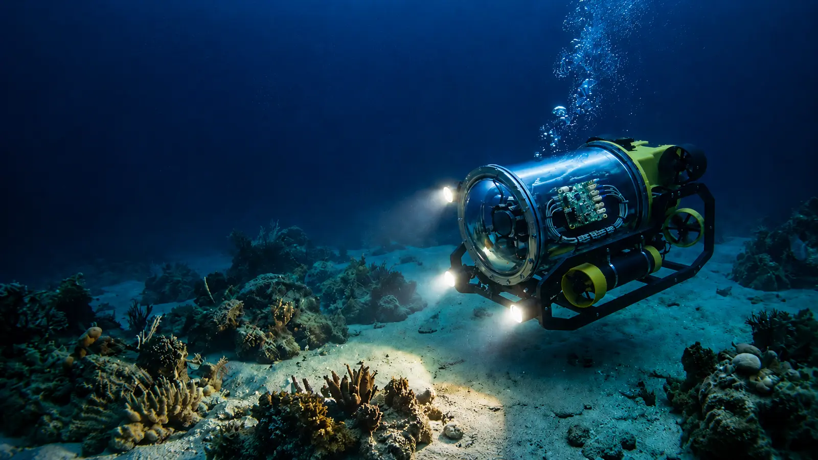 Autonomous underwater vehicle exploring the seabed, illuminating sand and coral with its headlights in a deep blue ocean environment.