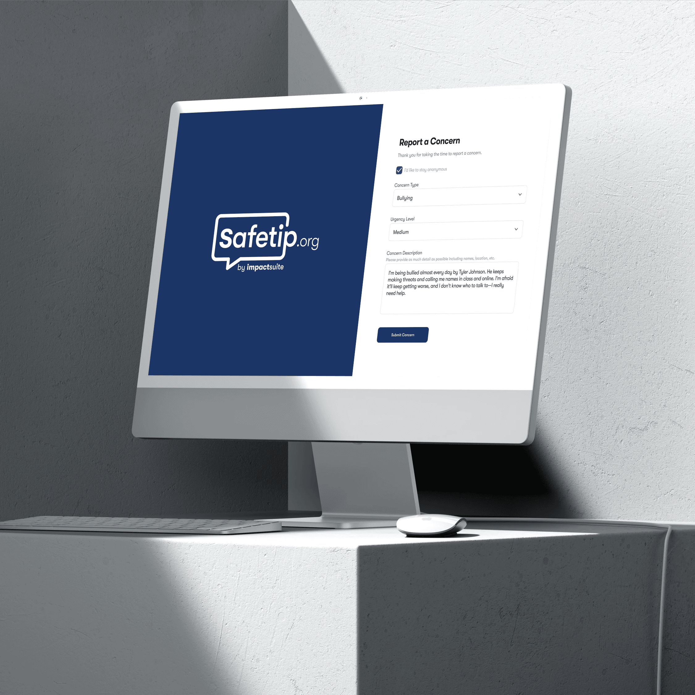 An image of a computer showing the website safetip.org powered by Impact Suite. Safetip.org helps school staff, parents, and students report concerns for the wellbeing of all and to help students in need.