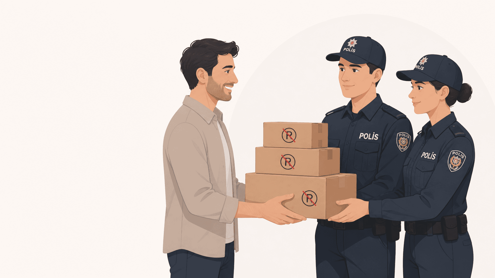 Marka hakkına tecavüz suçunda el konulan sahte markalı ürünlerin iadesini anlatan polis ve kargo illüstrasyonu.